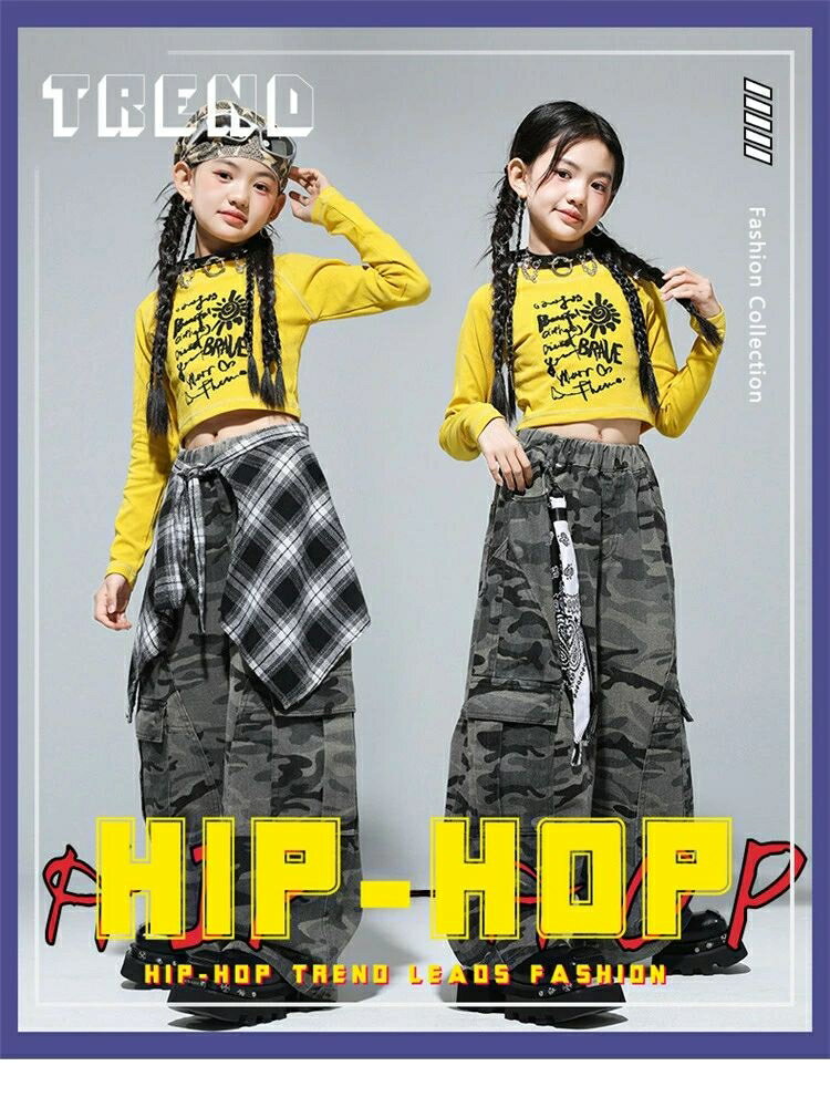 女の子 子供服 ダンス衣装 黄色 長袖 ダンスウェア キッズ イエロー へそ出し トップス カモフラージュ 迷彩 カーゴパンツ ズボン チェック柄 ラップスカート ヒップホップ jazz k-pop こども ガールズ 応援団 団体服 ジュニア おしゃれ hiphop 練習着 発表会 120-180