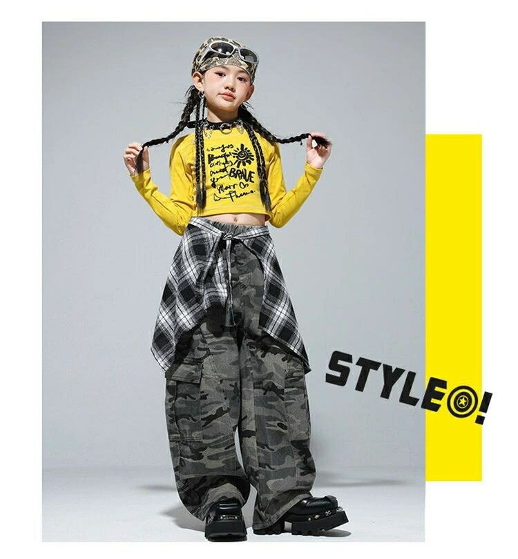 女の子 子供服 ダンス衣装 黄色 長袖 ダンスウェア キッズ イエロー へそ出し トップス カモフラージュ 迷彩 カーゴパンツ ズボン チェック柄 ラップスカート ヒップホップ jazz k-pop こども ガールズ 応援団 団体服 ジュニア おしゃれ hiphop 練習着 発表会 120-180