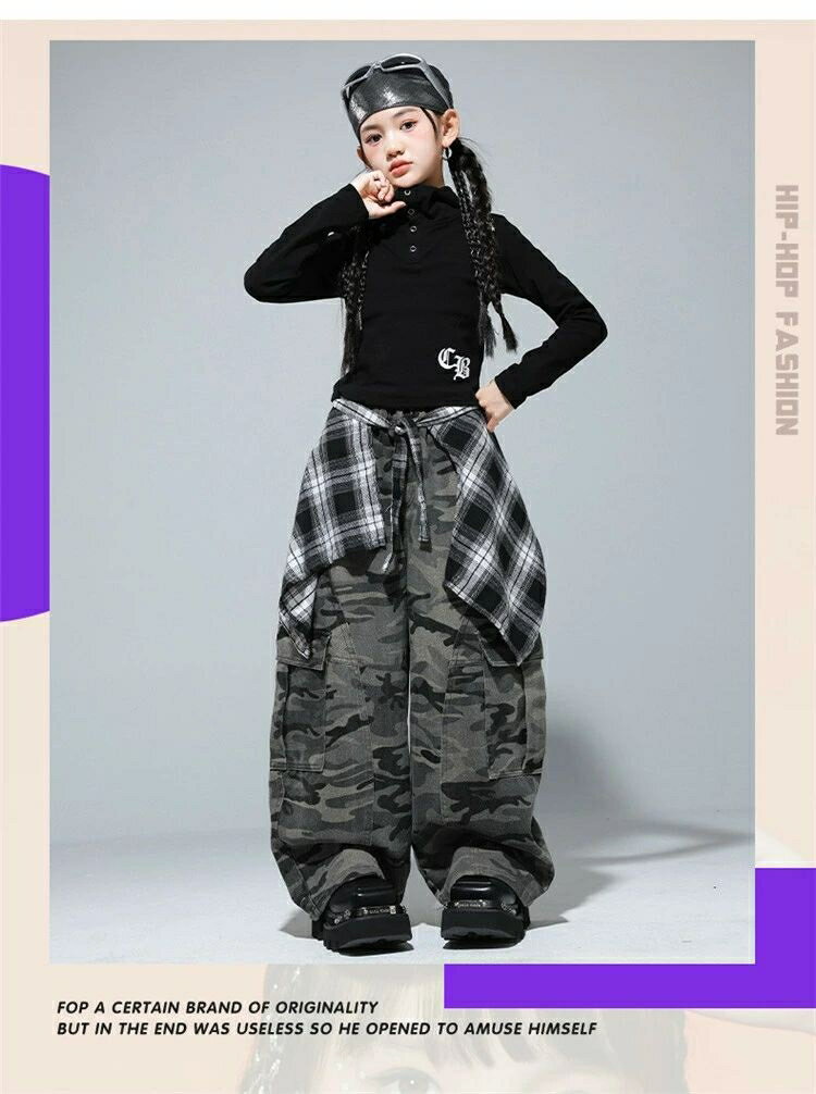 女の子 子供服 ダンス衣装 ダンスウェア キッズ ブラック 長袖 ショート丈 フード付き カモフラージュ 迷彩 カーゴパンツ ズボン チェック柄 ラップスカート ヒップホップ ガールズ 応援団 団体服 jazz k-pop こども ジュニア おしゃれ hiphop 練習着 発表会 120-180