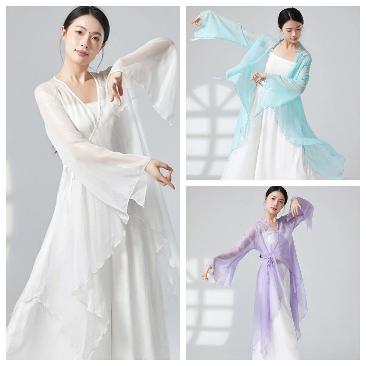 古典ダンストップス シフォンカーディガン 前開き 中華風 長袖羽織 透け感 ロング丈 レディースダンス..