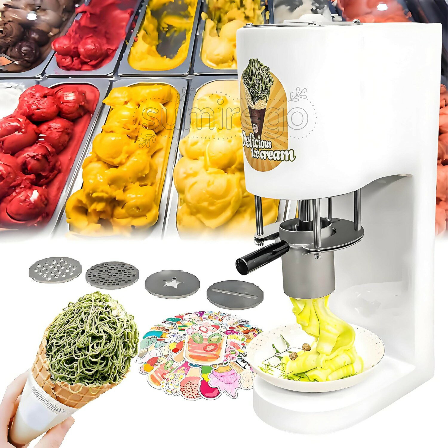 TWINBIRD - 業務用スパゲッティアイスクリームメーカー、7.4～7.9ガロン/時出力、4種類の麺型付きソフトクリーム＆アイスクリームメーカー、アイスクリーム店、バー、カフェ、レストラン、スナックバーに最適 White