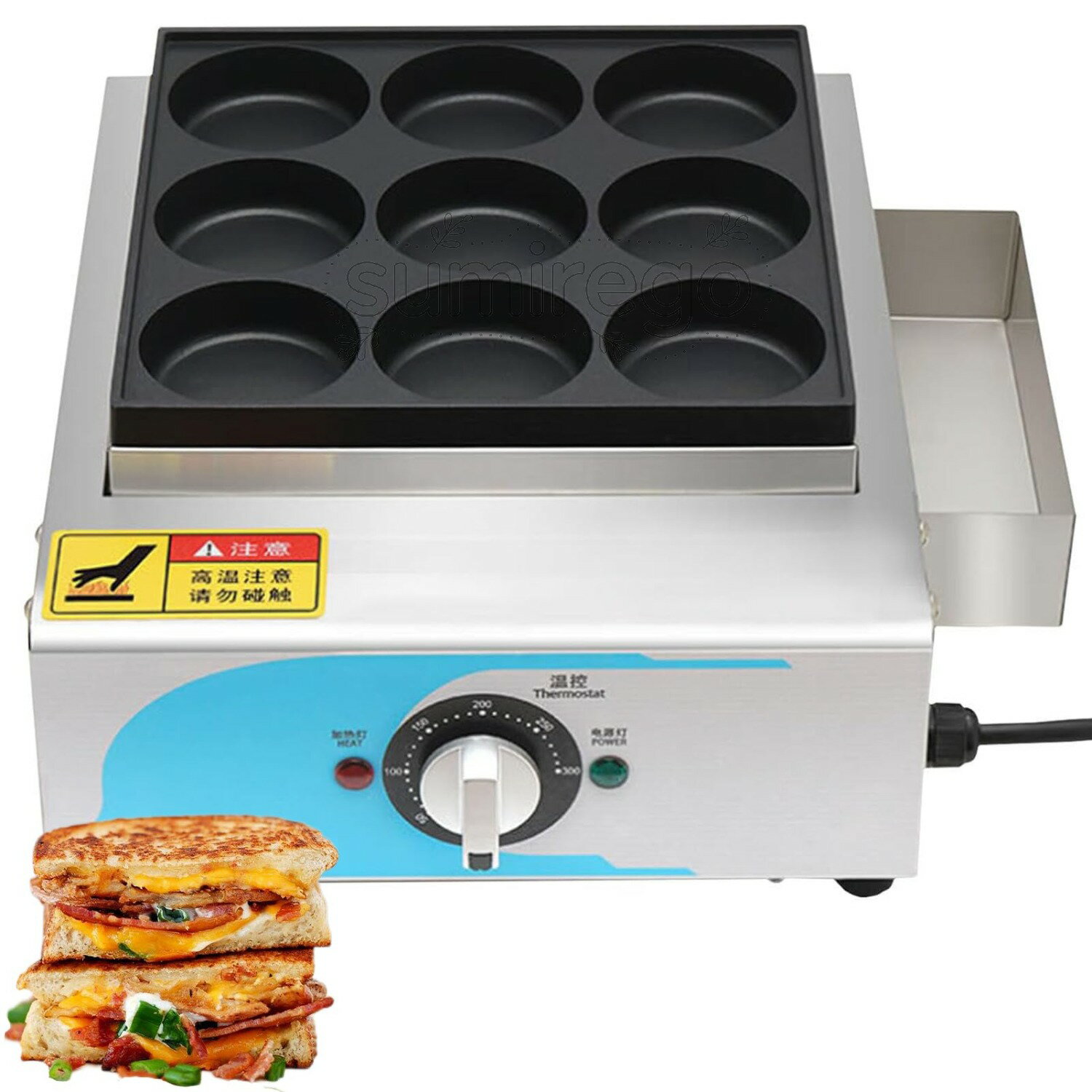 乐天商城 - 電気式朝食サンドイッチメーカー - 9穴卵・バーガーメーカー、温度調節機能付き業務用グリドル（50～300℃）、ノンスティックオムレツ＆ワッフルメーカーで素早い朝食を