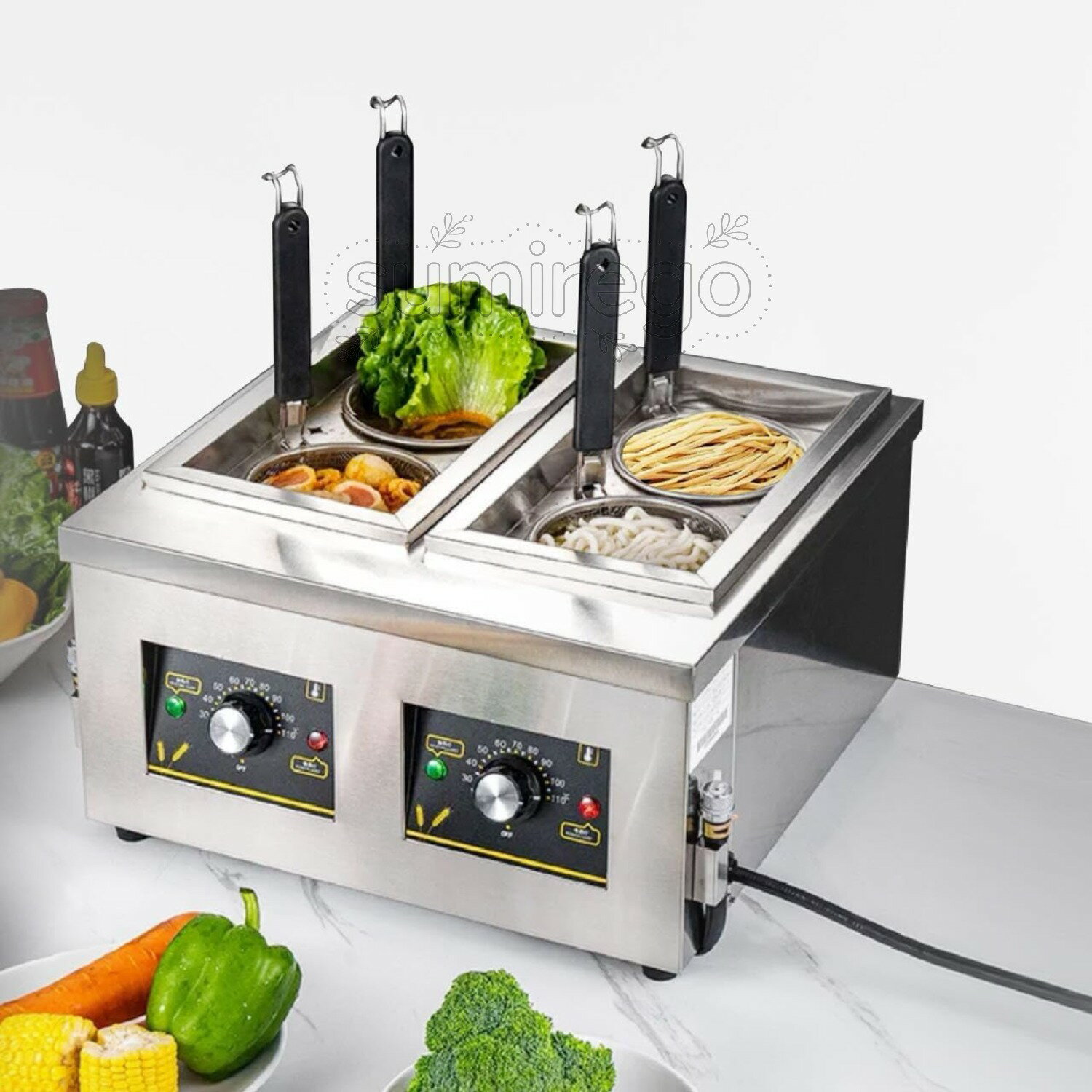 乐天商城 - 電気式ゆで麺器 業務用 麺茹で器 ステンレス製 大容量 保温機能あり ラーメン釜 ゆで麺機 卓上タイプ 30℃~110℃調節可能 1700W 速度加熱 省エネ テボ2個付き 業務用 家庭用 煮物 うどん そば ラーメン 飲食店 多用途 (2ッ切/4ッ切)