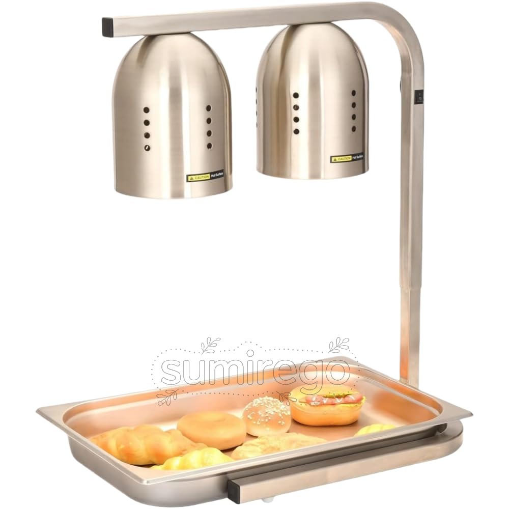 乐天商城 - 業務用食べ物フードウォーマー、食品ヒートランプ、ステンレス製2ヘッド食品ヒートランプ自立式、フルサイズフードパン1個付き500ワットポータブルフードウォーマー、高さ調節可能なビュッフェ保温、家庭用および業務用に適しています