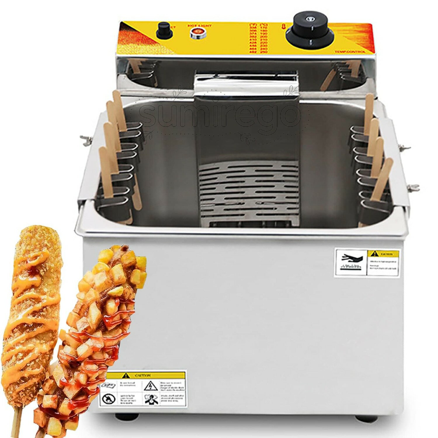 Rakuten - コーンドッグディープフライヤーマシン、業務用自動12L大容量チーズホットドッグスティックフライヤー8フック付き、電気チーズホットドッグスティックメーカーマシン、キッチンレストラン家庭用