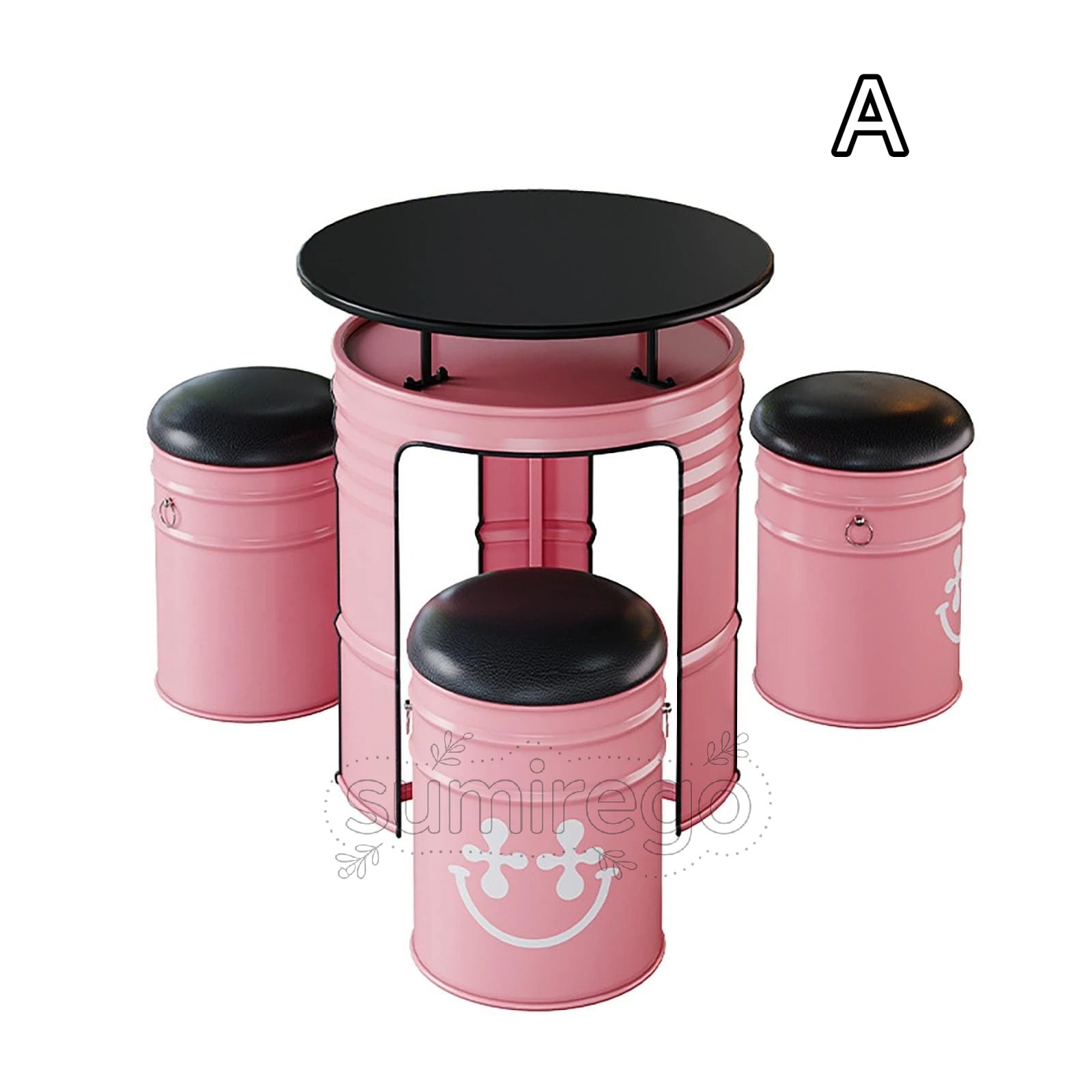 ドラム缶 テーブル 椅子 3点セット レトロ おしゃれ ドラムカン カフェチェア 家庭用、カフェ、ダイニング、パン屋、営業、バーに適しています アイアン オールディーズ アンティーク アメリカン 家具 図書館 テーブル1台、椅子3脚(ピンク)