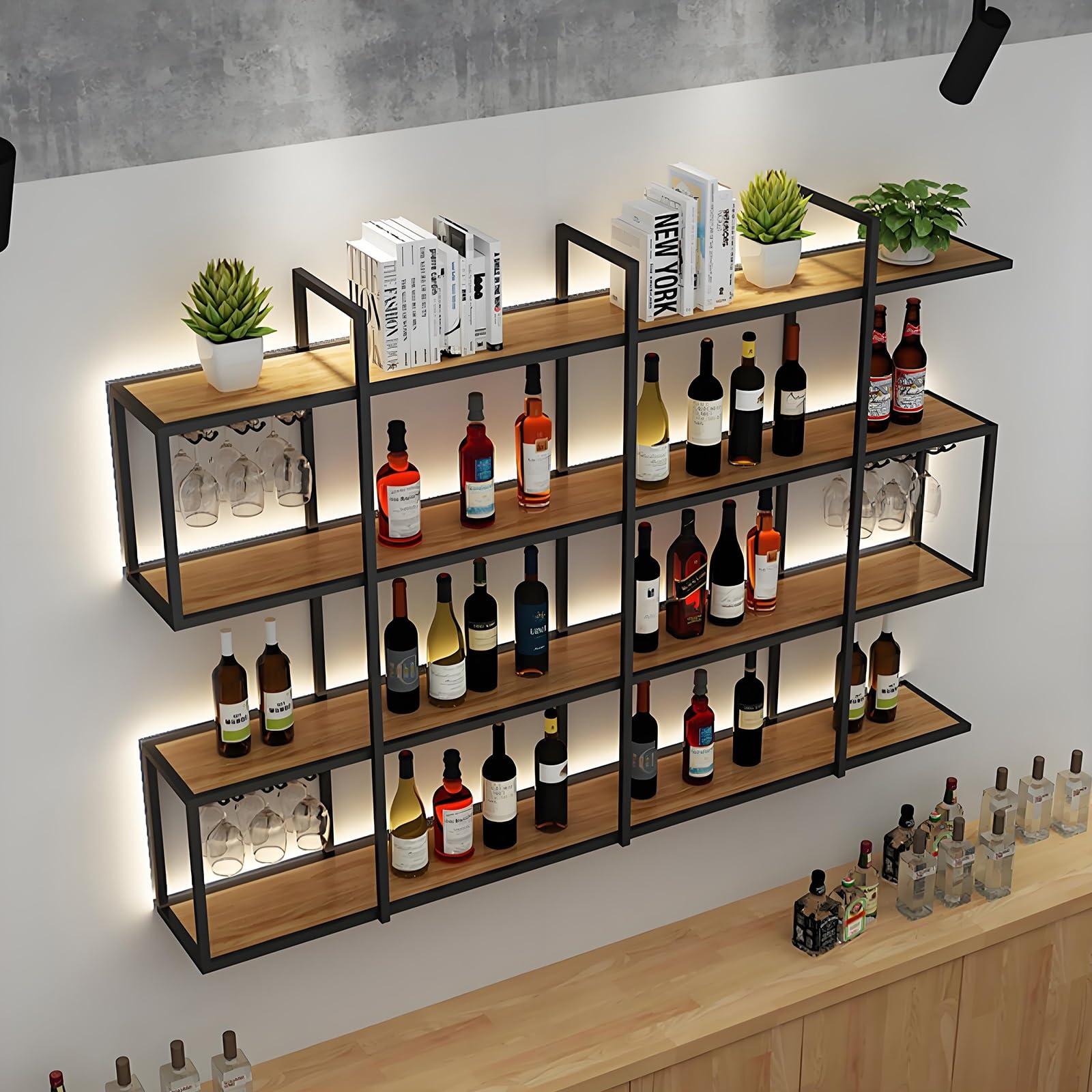 LEDライト付きお酒ラック、 ワインボトルのディスプレイラック、 ワインディスプレイラック、 ワイン保存ワインバーキャビネット お ワインラック 壁掛け ワイングラスホルダー付き ワインラック 壁掛け式 ワイングラスラック ワインホルダー酒ラック壁掛け