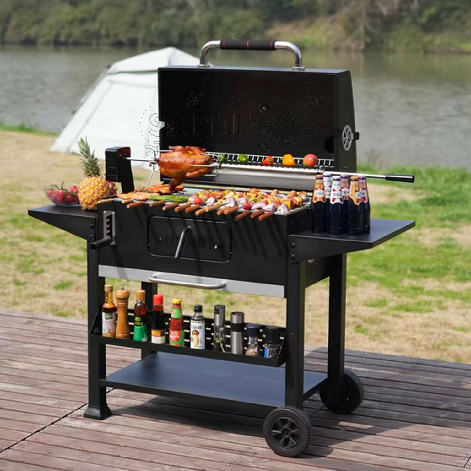 Rakuten - バーベキューコンロ bbq コンロ 焚き火台 大型 20人用 火力調節可能 折りたたみ式調味料棚板付き 温度表示付き 昇降式チャコールトレイ キャンプ 焼き台 ステンレス アウトドア 携帯用 蒸し焼き 燻製 バーベキューグリル 単室/炉全長76cm