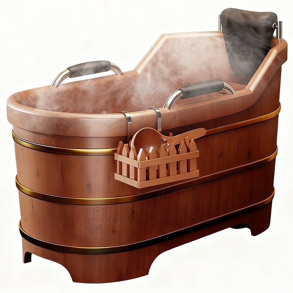 木製バスタブ 蓋付き 杉材 100cm-150cm 深型 大人用 家庭用・美容院・サウナ業務用 天然木の香り 高級 木製浴槽 (110cm)