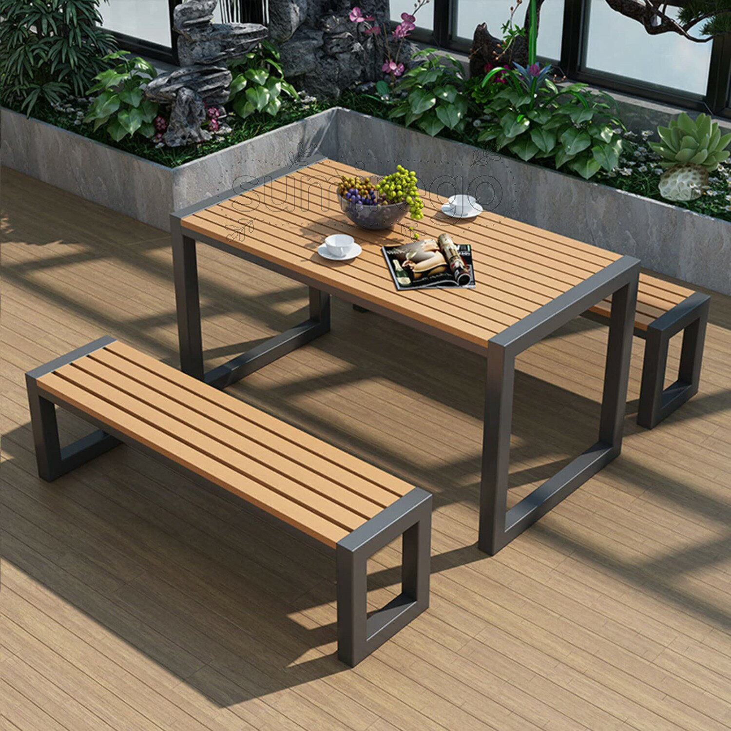 乐天商城 - ガーデンテーブルセット 屋外 ガーデンテーブル ベンチ 3点セット 防水性と耐日光性 コンパクト ベランダ テーブルセット WPC デスクトップ 庭、バルコニー、レストラン、ビストロに適しています お手入れが簡単 A