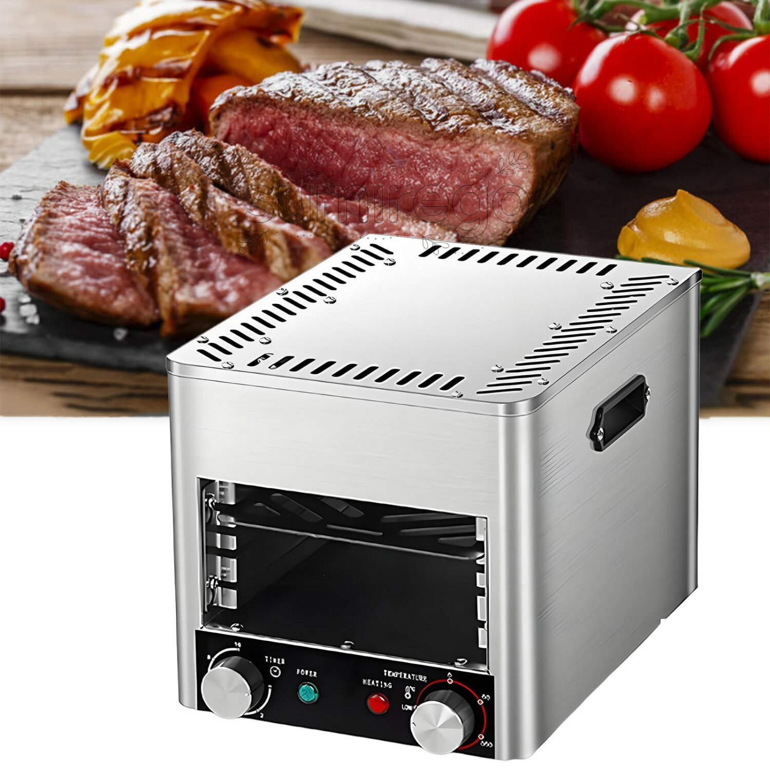屋内用無煙電気ブロイラー、ブロイラートレイとグリル付き、ステーキ調理用800℃業務用ステーキコンロ、キッチンカウンターにフィット、豚肉、ステーキ、鶏肉、野菜
