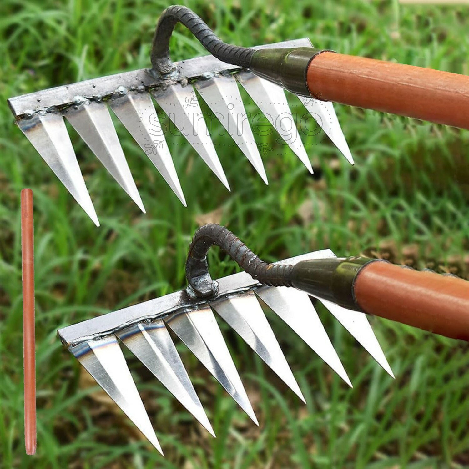 乐天商城 - 草刈りレーキ 熊手 4/5/6/7本爪 松土 除草熊手 園芸用 庭用熊手 草取り道具 ポータブル 多用途 土壌の緩み 硬化芝生 雑草取り 草引きレーキ 園芸ギフ ガーデンレーキ 炭素鋼 農具 花壇熊手 田畑 溝掘り 平削 雑草対策 7枚歯熊手+1.4mの木の棒