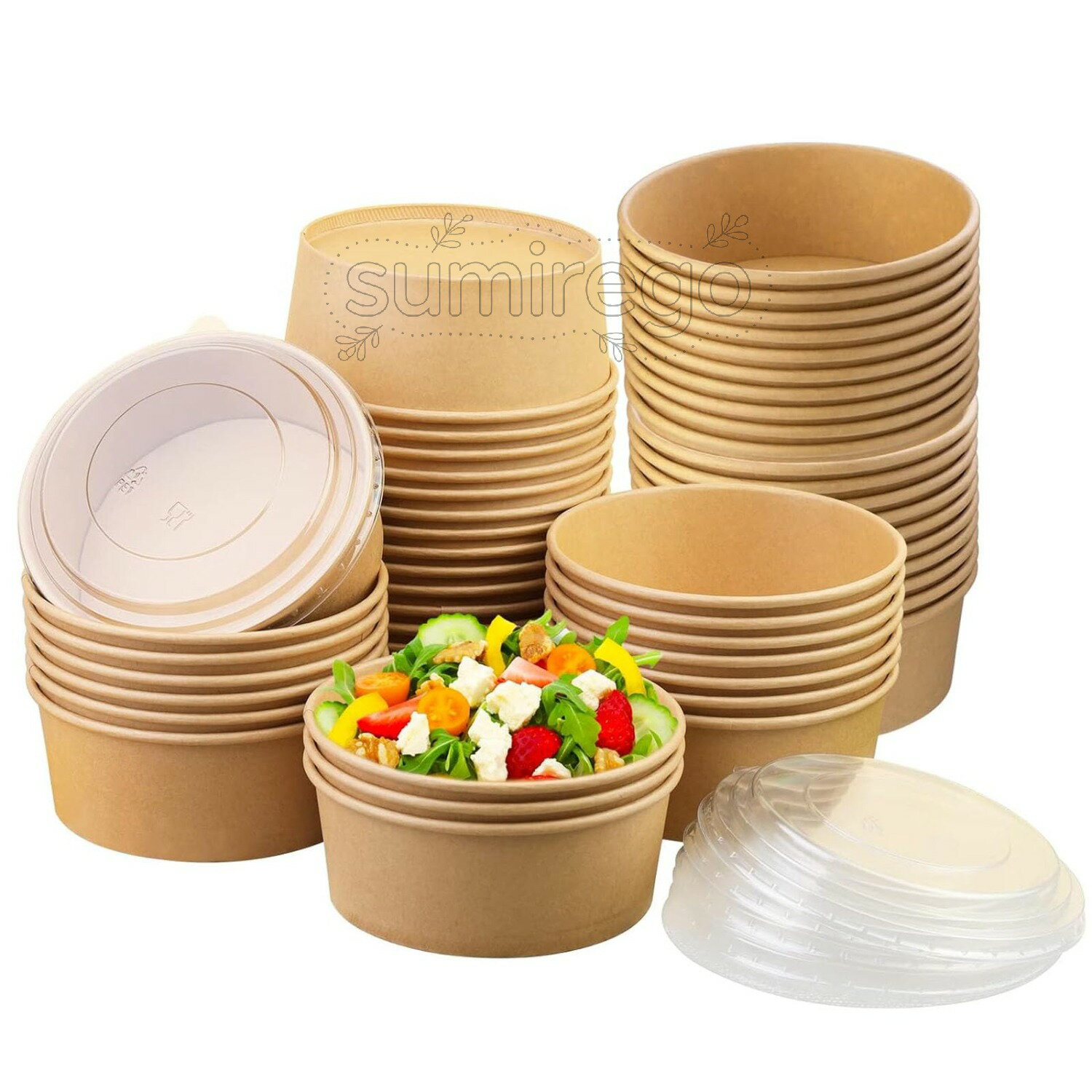 Rakuten - 100個 使い捨てボウル 使い捨て弁当箱 蓋付き 紙ボウル クラフト紙 使い捨て食器 ペーパーボウル 業務用 電子レンジ対応 冷凍可能 ランチ弁当 テイクアウト容器 外出用食品容器 耐水 耐油 漏れ防止 テイクアウトサラダボック 500ML 蓋付き
