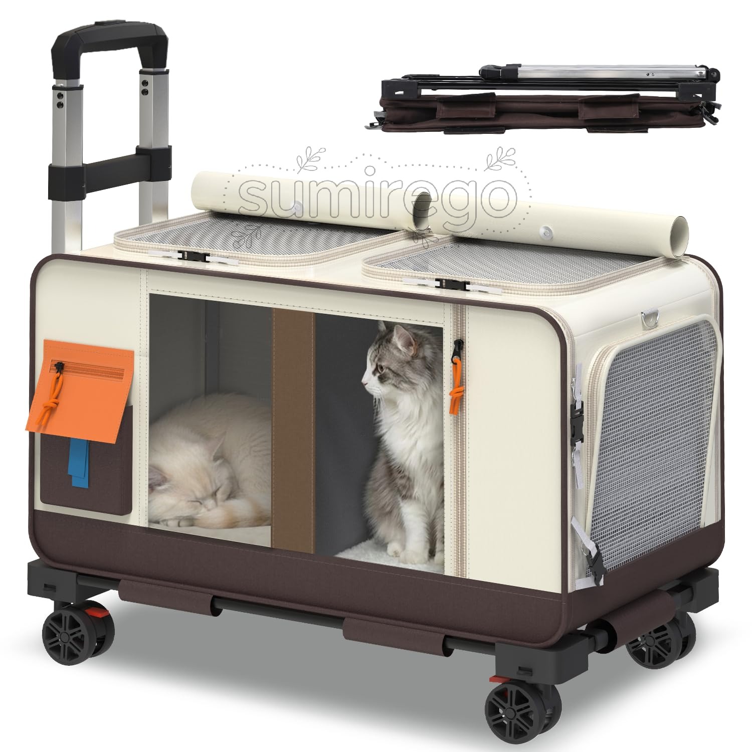 Cart - 猫用カート 猫 キャリー 2匹用 ペットカート キャスター付き 小型犬 キャリーバッグ 折りたたみ式 ペットキャリー 通気メッシュ ストラップ付き ドライブ/旅行/通院用 (ベージュ×ブラウン)