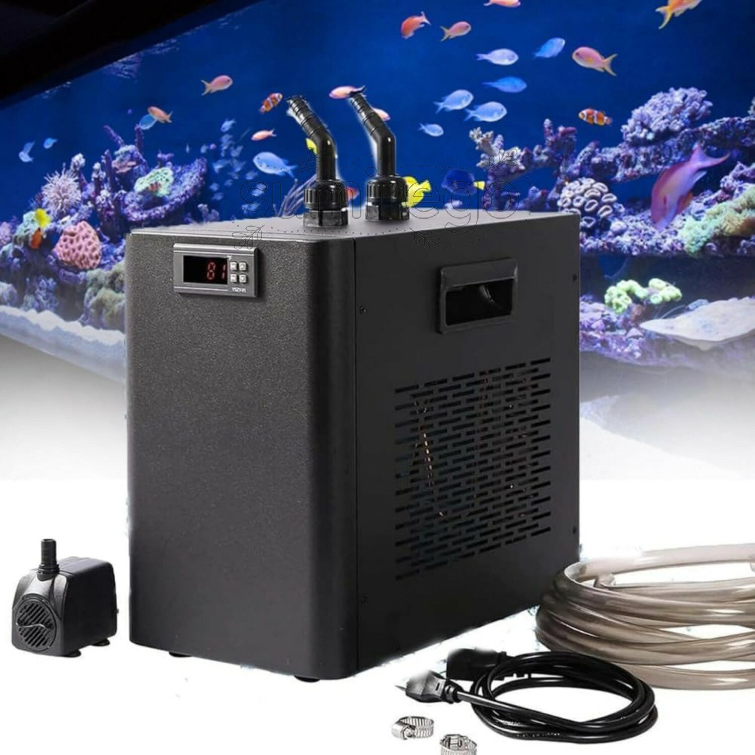 Rakuten - 水族館チラー、水槽クーラー 水槽冷却クーラー、商業水族館水チラーマシン 160L/300L/500L 水耕水チラーインテリジェント一定水槽チラー、小型循環式クーラー デジタル表示 恒温 低ノイズ 省エネルギー 環境保護、ポンプとホース付き淡水/海水、水族館や魚屋や養魚場に適用
