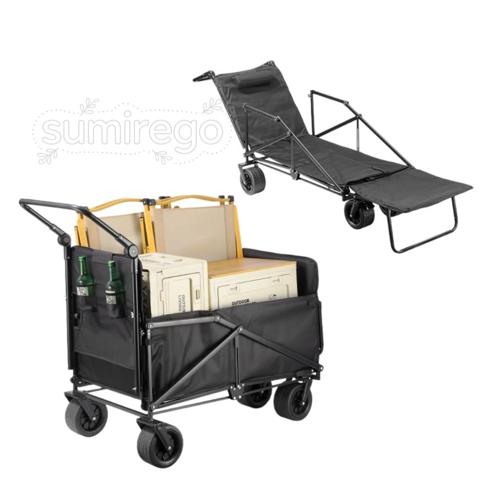 · 2WAY 仕様、運搬カート / 簡易チェア切り替え可能 通常時は荷物をたっぷり積めるキャリーカート、背面生地を展開するだけでリクライニングチェア、両サイド全開で全長 216cm の簡易ベッドに変身。キャンプ現地で休憩や仮眠に活用できます。· 後部両開き拡張設計、積載容量アップ 後ろ側布面を開放することで底面スペースが延長、長尺コンテナや折り畳みテーブルもそのまま載せられ、通常 400L 容量をさらに拡張可能。· 厚肉スチールフレーム＋丈夫なオックス生地、高耐荷重で耐久性抜群️ 防錆塗装された肉厚鉄パイプを採用、変形しにくい頑丈な骨格。生地は高密度織り上げで引っ張りや摩耗に強く、重いクーラーボックスキャンプ道具を安心して積載できます。· 大型 4 輪自在キャスター、不整地でもスムーズ走行️ 太径タイヤ付き 360 度回転ホイールを 4 基搭載、芝生砂利道凹凸のある地面でも引っ掛かりにくく軽快に移動。伸縮式ハンドルで身長に合わせて引っ張り高さ調整 OK。· ワンタッチ折り畳み、車載収納に最適 クロス折りたたみ構造で素早くコンパクトに収納可能、折畳後は自動車トランクや物置棚に省スペースで保管できます。· サイドポケット付き小物収納設計 本体側面にペットボトル小物入れ用ポケットを標準装備、ドリンクや小さな調理器具、スマホを分けて収納し荷物が散らからない仕様です。荷物運搬用カートとリクライニングチェアの 2 役をこなす多機能キャンプワゴンです。大容量 400L の収納スペースを備え、後部両開き展開構造で積載面積を拡張可能。厚肉スチールパイプフレームと高耐久オックスフォード生地を採用、耐荷重 3 種ラインナップ、4 輪自在キャスターで芝生砂利道でもスムーズ走行。キャンプピクニック釣り買い物運搬はもちろん、屋外休憩用簡易ベッドとして横になることもでき、使用後はコンパクトに折り畳んで車トランクへ収納できます。製品パラメータサイズ仕様カート通常モード：全長 105cm × 幅 59cm × 高さ 90.5cm、持ち手高さ 50.5cmリクライニング半寝モード：全長 105cm × 高さ 26cm両面全開ベッドモード：全長 216cm × 高さ 55.5cm収納容量：約 400L素材カラー耐荷重フレーム：肉厚炭素鋼パイプ、本体布：高密度オックスフォード生地、タイヤ：PVC 太径ホイールカラー：ライトグリーン、ミリタリーグリーン、ブラック耐荷重：ミリタリーグリーン＝約 150kg (300 斤)、ライトグリーン / ブラック＝約 200kg (400 斤)付属機能：サイドボトルポケット ×2、枕クッション付き使用シーン️アウトドア：キャンプ、ピクニック、釣り、BBQ 時の道具食材運搬、現地休憩ベッドショッピング：スーパー市場でのまとめ買い荷物運搬ガーデン：庭仕事の植栽肥料道具搬入搬出組立使用手順折り畳まれた本体を広げフレームをロック荷物をカート内部に積載、必要に応じ後部を開放し容量拡張休憩時は背面生地を展開しリクライニングまたはフルフラットベッドに変形使用後はロックを解除しワンタッチで折り畳み収納お手入れ注意事項️汚れは濡れた布または中性洗剤で拭き取り、生地部分は水洗い可能、乾燥後に収納してください。規定耐荷重を超える重量物を積載しないでください、フレーム変形の原因となります。火気高温の近くに長時間放置しないでください。品質サービス:1、 当社の製品に問題がある場合は、お気軽にお問い合わせください。2、輸送中に多少の衝撃が加わる可能性がございます。万が一不具合や破損などがございましたら、部品の再送など対応させていただきますので、お気軽にご連絡くださいませ。3、商品が多いため、発送時に説明書をお送りし忘れることがございます。万が一、説明書が届いていない場合や、商品組み立てに関してご不明点がございましたら、お手数ですがご連絡いただけますようお願い申し上げます。電子版の説明書を再送させていただきますので、どうぞご安心ください。お客様にはご理解いただきますようお願い申し上げます。お客様のご支援が、私たちの励みとなっております。· 2WAY 仕様、運搬カート / 簡易チェア切り替え可能 通常時は荷物をたっぷり積めるキャリーカート、背面生地を展開するだけでリクライニングチェア、両サイド全開で全長 216cm の簡易ベッドに変身。キャンプ現地で休憩や仮眠に活用できます。· 後部両開き拡張設計、積載容量アップ 後ろ側布面を開放することで底面スペースが延長、長尺コンテナや折り畳みテーブルもそのまま載せられ、通常 400L 容量をさらに拡張可能。· 厚肉スチールフレーム＋丈夫なオックス生地、高耐荷重で耐久性抜群️ 防錆塗装された肉厚鉄パイプを採用、変形しにくい頑丈な骨格。生地は高密度織り上げで引っ張りや摩耗に強く、重いクーラーボックスキャンプ道具を安心して積載できます。· 大型 4 輪自在キャスター、不整地でもスムーズ走行️ 太径タイヤ付き 360 度回転ホイールを 4 基搭載、芝生砂利道凹凸のある地面でも引っ掛かりにくく軽快に移動。伸縮式ハンドルで身長に合わせて引っ張り高さ調整 OK。· ワンタッチ折り畳み、車載収納に最適 クロス折りたたみ構造で素早くコンパクトに収納可能、折畳後は自動車トランクや物置棚に省スペースで保管できます。· サイドポケット付き小物収納設計 本体側面にペットボトル小物入れ用ポケットを標準装備、ドリンクや小さな調理器具、スマホを分けて収納し荷物が散らからない仕様です。荷物運搬用カートとリクライニングチェアの 2 役をこなす多機能キャンプワゴンです。大容量 400L の収納スペースを備え、後部両開き展開構造で積載面積を拡張可能。厚肉スチールパイプフレームと高耐久オックスフォード生地を採用、耐荷重 3 種ラインナップ、4 輪自在キャスターで芝生砂利道でもスムーズ走行。キャンプピクニック釣り買い物運搬はもちろん、屋外休憩用簡易ベッドとして横になることもでき、使用後はコンパクトに折り畳んで車トランクへ収納できます。製品パラメータサイズ仕様カート通常モード：全長 105cm × 幅 59cm × 高さ 90.5cm、持ち手高さ 50.5cmリクライニング半寝モード：全長 105cm × 高さ 26cm両面全開ベッドモード：全長 216cm × 高さ 55.5cm収納容量：約 400L素材カラー耐荷重フレーム：肉厚炭素鋼パイプ、本体布：高密度オックスフォード生地、タイヤ：PVC 太径ホイールカラー：ライトグリーン、ミリタリーグリーン、ブラック耐荷重：ミリタリーグリーン＝約 150kg (300 斤)、ライトグリーン / ブラック＝約 200kg (400 斤)付属機能：サイドボトルポケット ×2、枕クッション付き使用シーン️アウトドア：キャンプ、ピクニック、釣り、BBQ 時の道具食材運搬、現地休憩ベッドショッピング：スーパー市場でのまとめ買い荷物運搬ガーデン：庭仕事の植栽肥料道具搬入搬出組立使用手順折り畳まれた本体を広げフレームをロック荷物をカート内部に積載、必要に応じ後部を開放し容量拡張休憩時は背面生地を展開しリクライニングまたはフルフラットベッドに変形使用後はロックを解除しワンタッチで折り畳み収納お手入れ注意事項️汚れは濡れた布または中性洗剤で拭き取り、生地部分は水洗い可能、乾燥後に収納してください。規定耐荷重を超える重量物を積載しないでください、フレーム変形の原因となります。火気高温の近くに長時間放置しないでください。品質サービス:1、 当社の製品に問題がある場合は、お気軽にお問い合わせください。2、輸送中に多少の衝撃が加わる可能性がございます。万が一不具合や破損などがございましたら、部品の再送など対応させていただきますので、お気軽にご連絡くださいませ。3、商品が多いため、発送時に説明書をお送りし忘れることがございます。万が一、説明書が届いていない場合や、商品組み立てに関してご不明点がございましたら、お手数ですがご連絡いただけますようお願い申し上げます。電子版の説明書を再送させていただきますので、どうぞご安心ください。お客様にはご理解いただきますようお願い申し上げます。お客様のご支援が、私たちの励みとなっております。