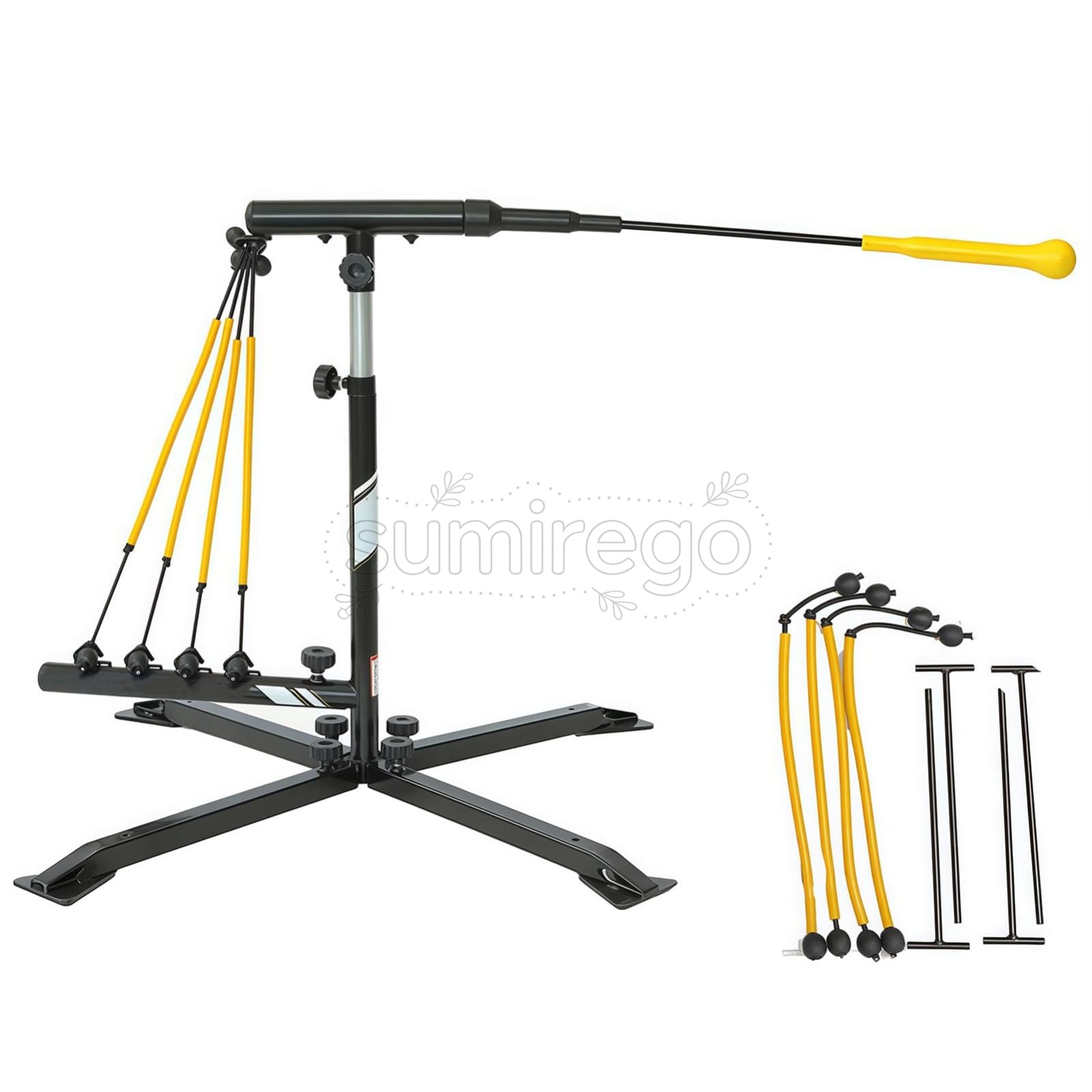 野球打撃トレーナー、ソフトボールと野球トレーニング器具、野球スイングトレーナー - 耐久性のあるスイングアーム - 4つのパワーバンドシステム、金属杭とキャリーバッグ、バッティング練習用