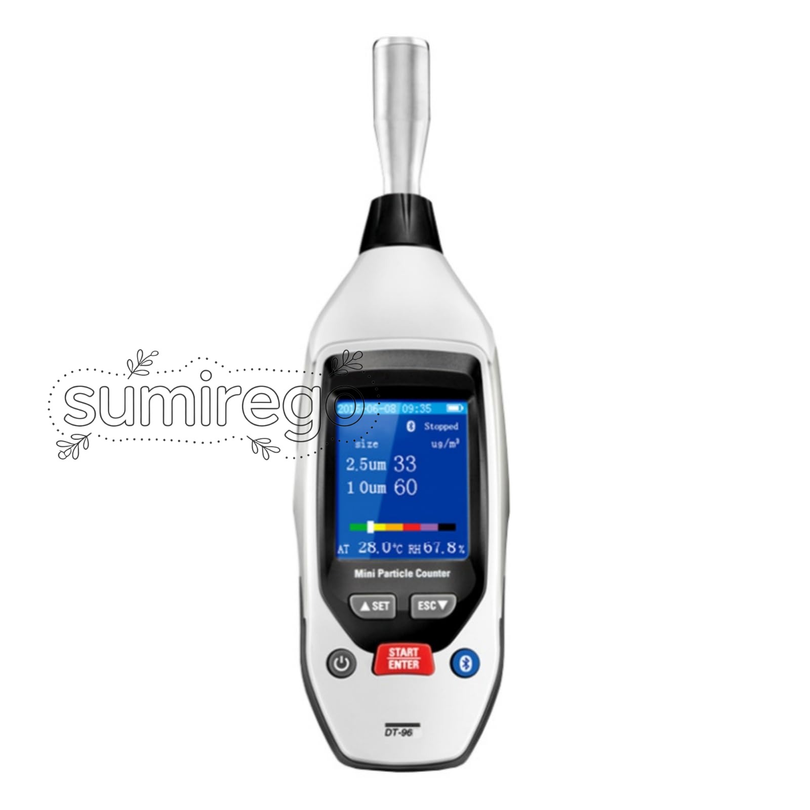 携帯型パーティクルカウンター Bluetooth機能搭載 PM2.5 PM10測定可能 空気粒子・ガス測定対応 複数粒径同時測定 温湿度測定機能付き カラー液晶画面搭載 データ保存可能 クリーンルーム・工場・室内環境検査向けハンディ粉塵濃度測定器