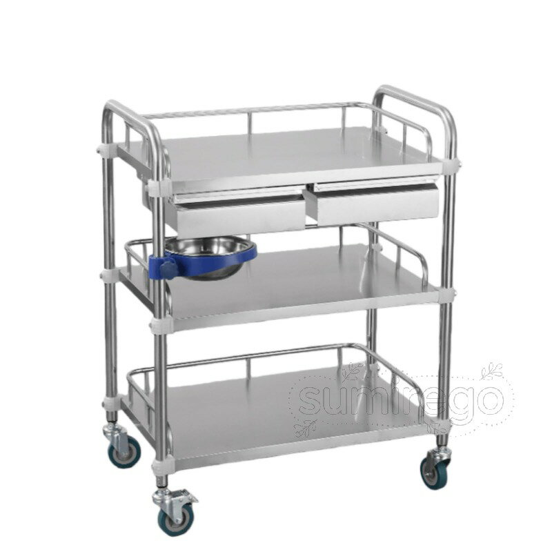 医療用トロリー、キャスター付き、移動式トロリー、ステンレススチール、引き出し付き、キャスター、ハンドル、ポータブル、ステンレススチール構造、拡張可能なテーブルトップ、お手入れ簡単（引き出しモデル） (厚みのあるエクストララージサイズの3層ダブル引き出し）