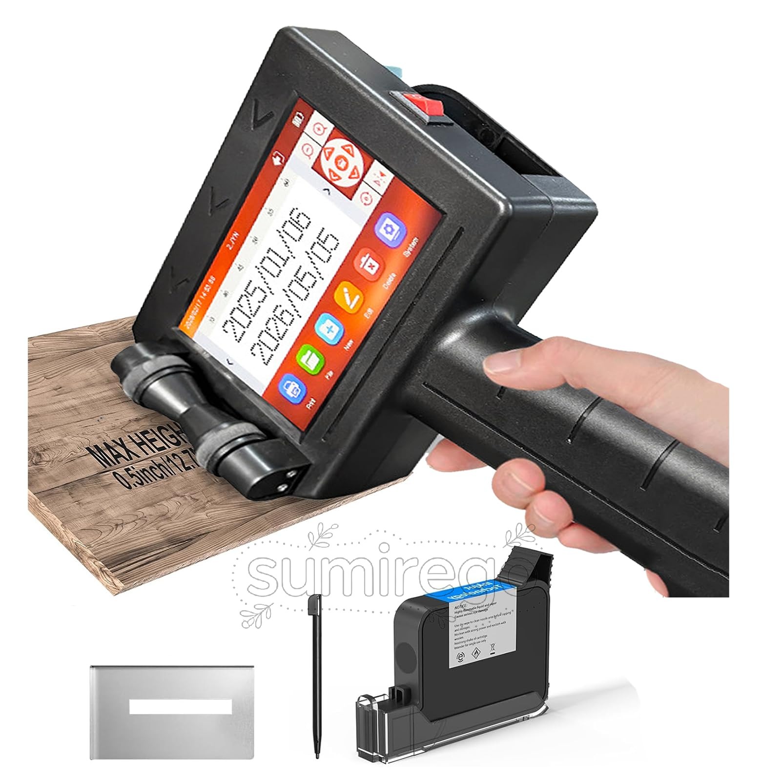 ハンドヘルドプリンター ポータブル インクジェットプリンター 直接印刷 プラスチック・ガラス・布・段ボール・発泡スチロール・金属・木材など 多色対応 日付・シリアル番号・テキスト・グラフィックロゴ・QR コード・バーコードなど プリンター+青インクカートリッジ