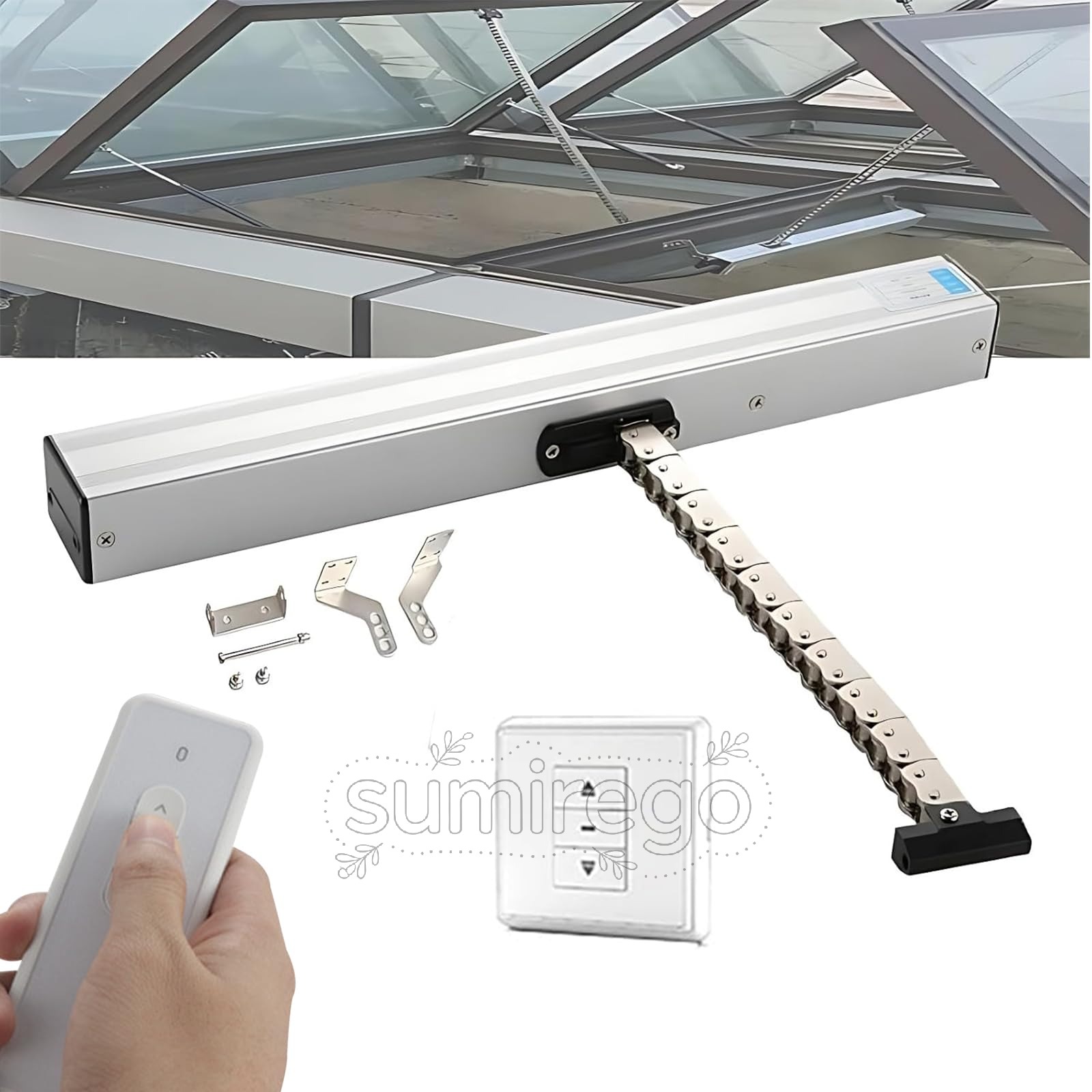 乐天商城 - 自動チェーン窓開閉器 リモコン & 壁スイッチ操作 窓自動開閉システム 多種窓対応（屋根換気窓/下吊り窓/上吊り窓/天窓/き窓）ストローク300-1000mm 低騒音 簡単設置 24V アルミ合金製 窓アクチュエーター 500mm