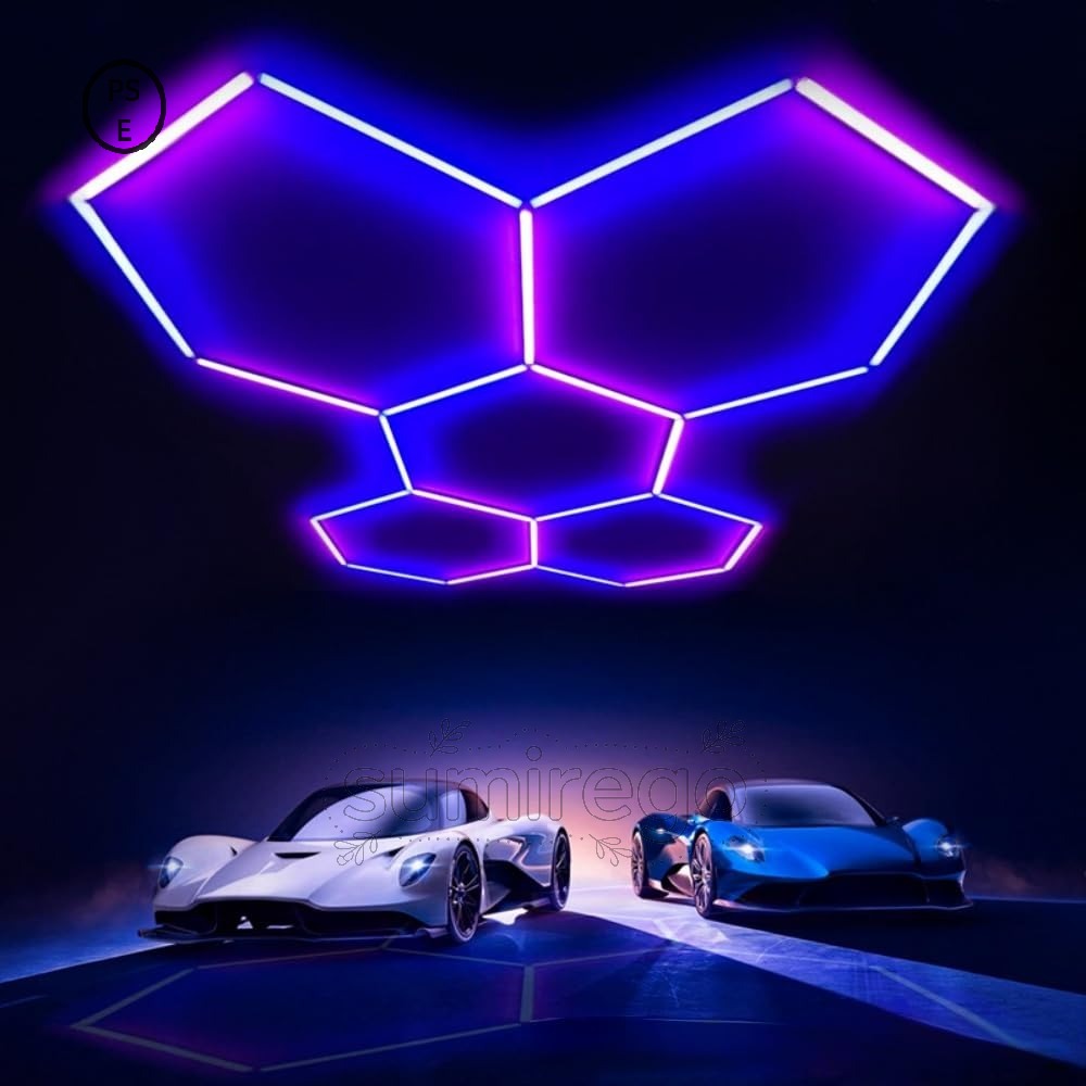 六角形ガレージライトハニカムライト 高輝度 ガレージ用六角形LED、 種類の変更 、 照明 シーリングled 色変更リモコン付き 、天井 ジム、バー、ゲームルーム、照明用 (5穴RGBライトシェイプ2)