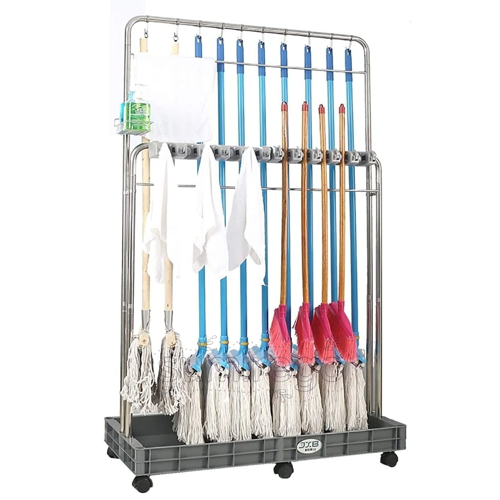 業務用モップハンガー、床置き掃除ツールカート、ほうきとモップホルダー、床取り付けモップラック、キャスター付き フック付き モップ排水ラック ステンレス鋼 防水 防錆 掃除用具入れ 移動可能収納ラック ガーデン ガレージ 学校 病院 工場 ホテル 会社用