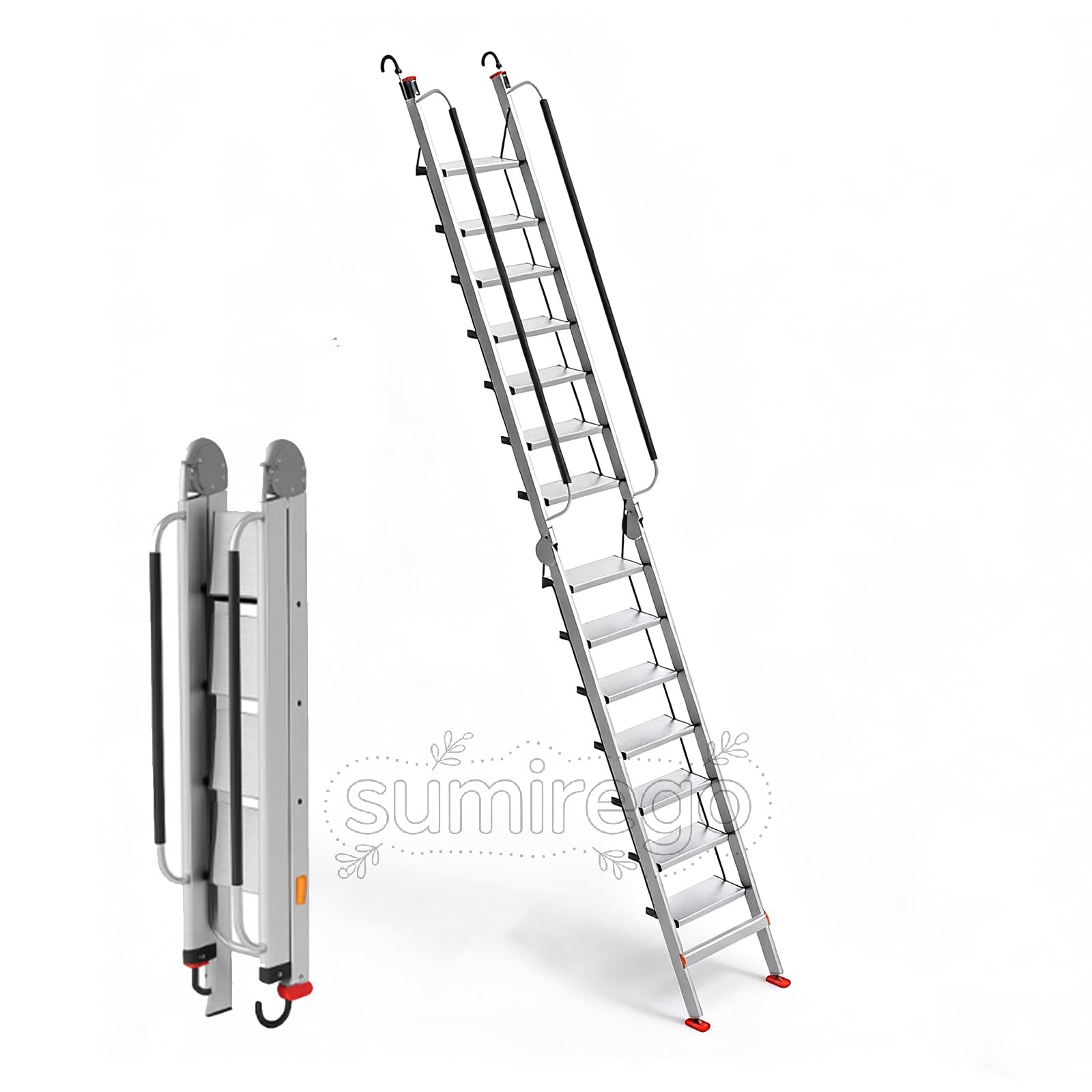 乐天商城 - 屋根裏階段 アルミ合金 8段~14段 ロフトはしご ロフトベッド 階段 手すり付き 家庭用 折りたたみ 軽量 多機能 屋根裏ステップ 安全固定フック 壁掛け式 幅広のペダル 高い耐荷重 部屋用 屋内 屋外用 シルバー 13段はしご