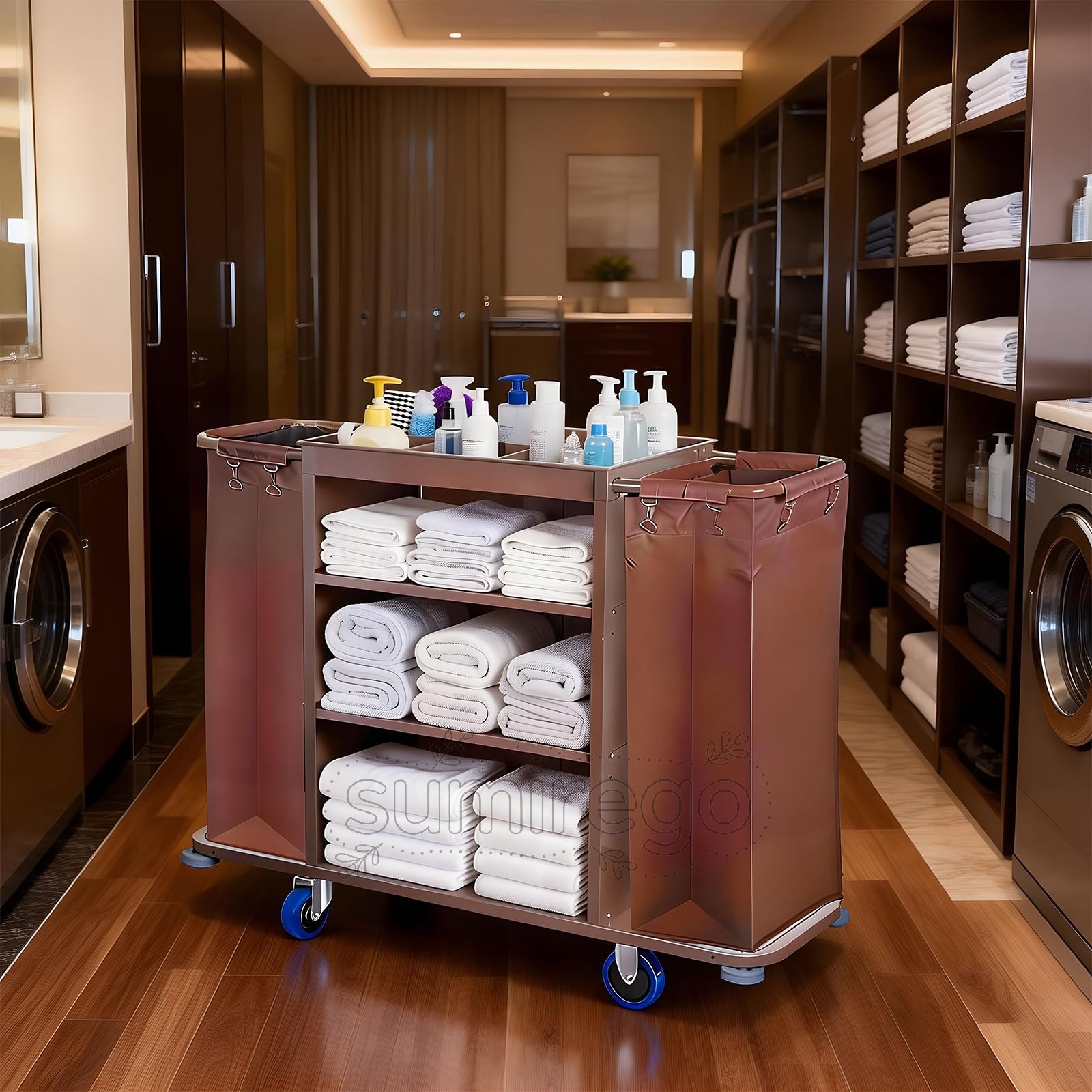 ホテルリネンカート ランドリーカート 清掃台車 ダストワゴン ランドリー台車 ホテルリネン運搬車 キャスター付き 清掃ワゴン 138×45×105cm 大容量 防水 着脱可能オックスフォードバッグ 取り付け簡単 多用途 収納簡単 業務用 学校 病院 旅館 客室 ホテル