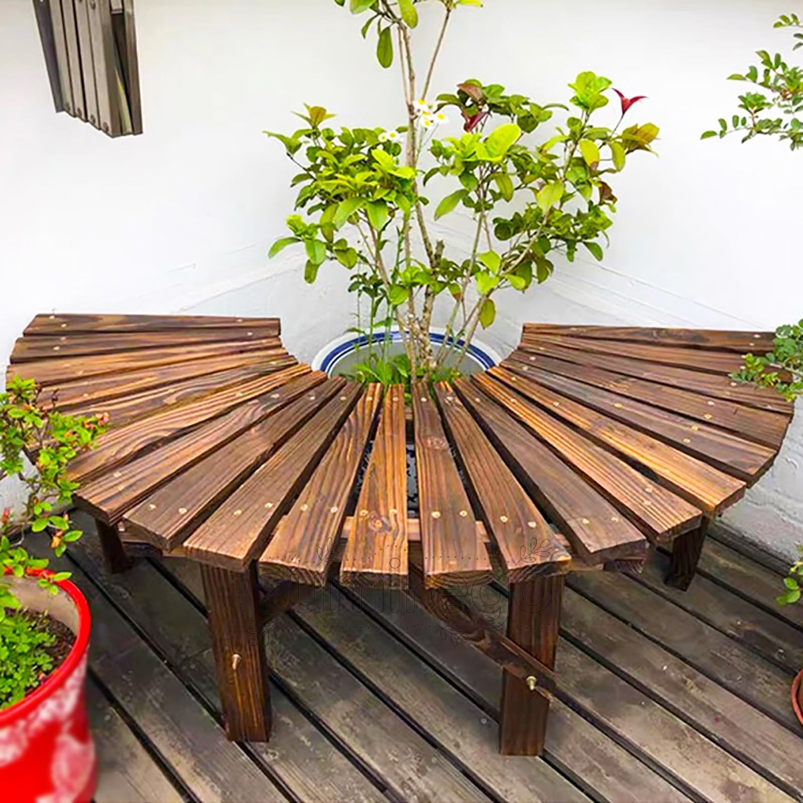 乐天商城 - 木製半円形 ガーデンベンチ 屋外 パティオベンチ耐候性滑らかな表面 庭芝生装飾デッキ用屋外ベンチ