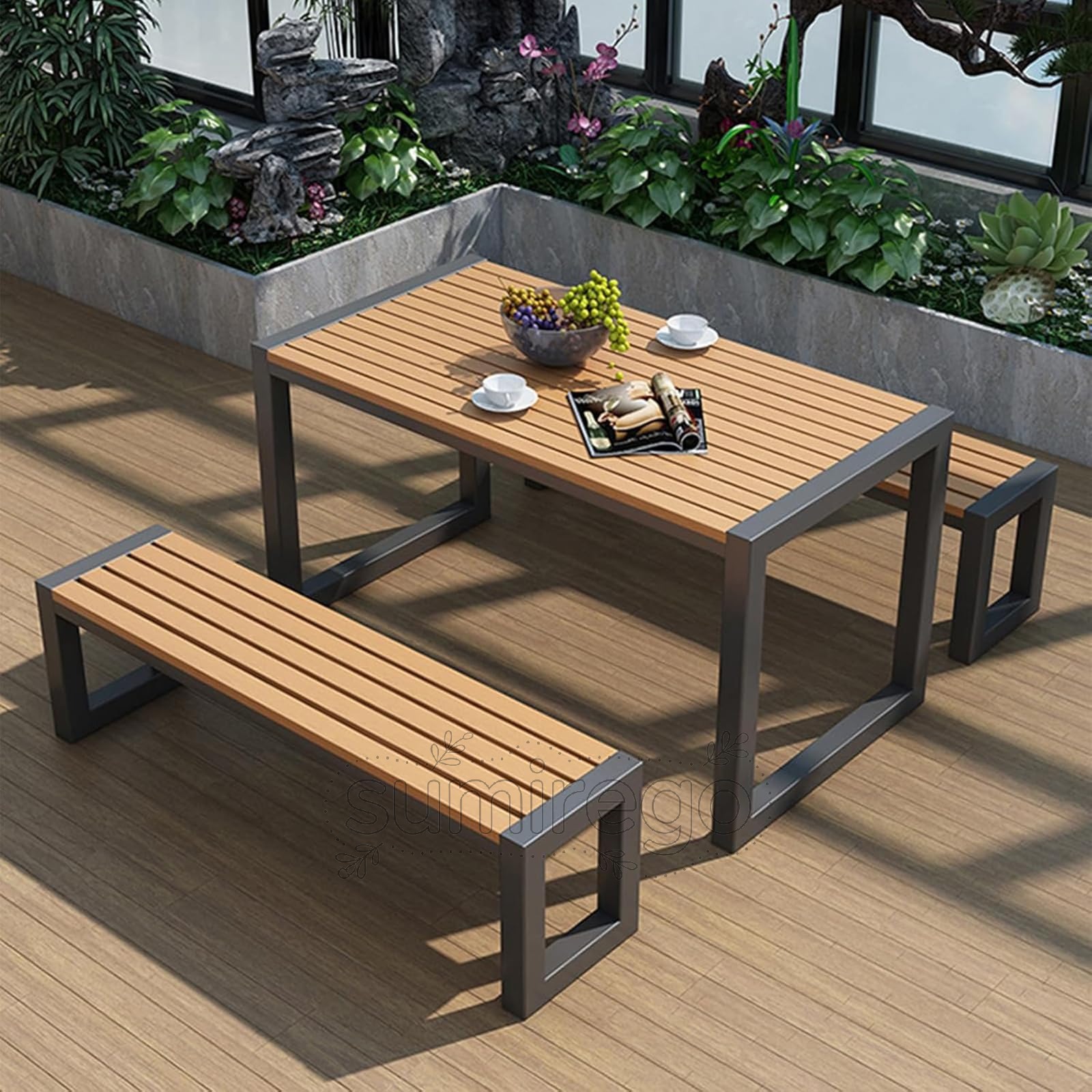 乐天商城 - ガーデンテーブルセット ガーデン ヴィラ アウトドア テーブル とベンチ 3点セット防水性と日焼け止め プラスチック製木製デスクトップ お手入れが簡単 中庭や庭園に適した 3点セット