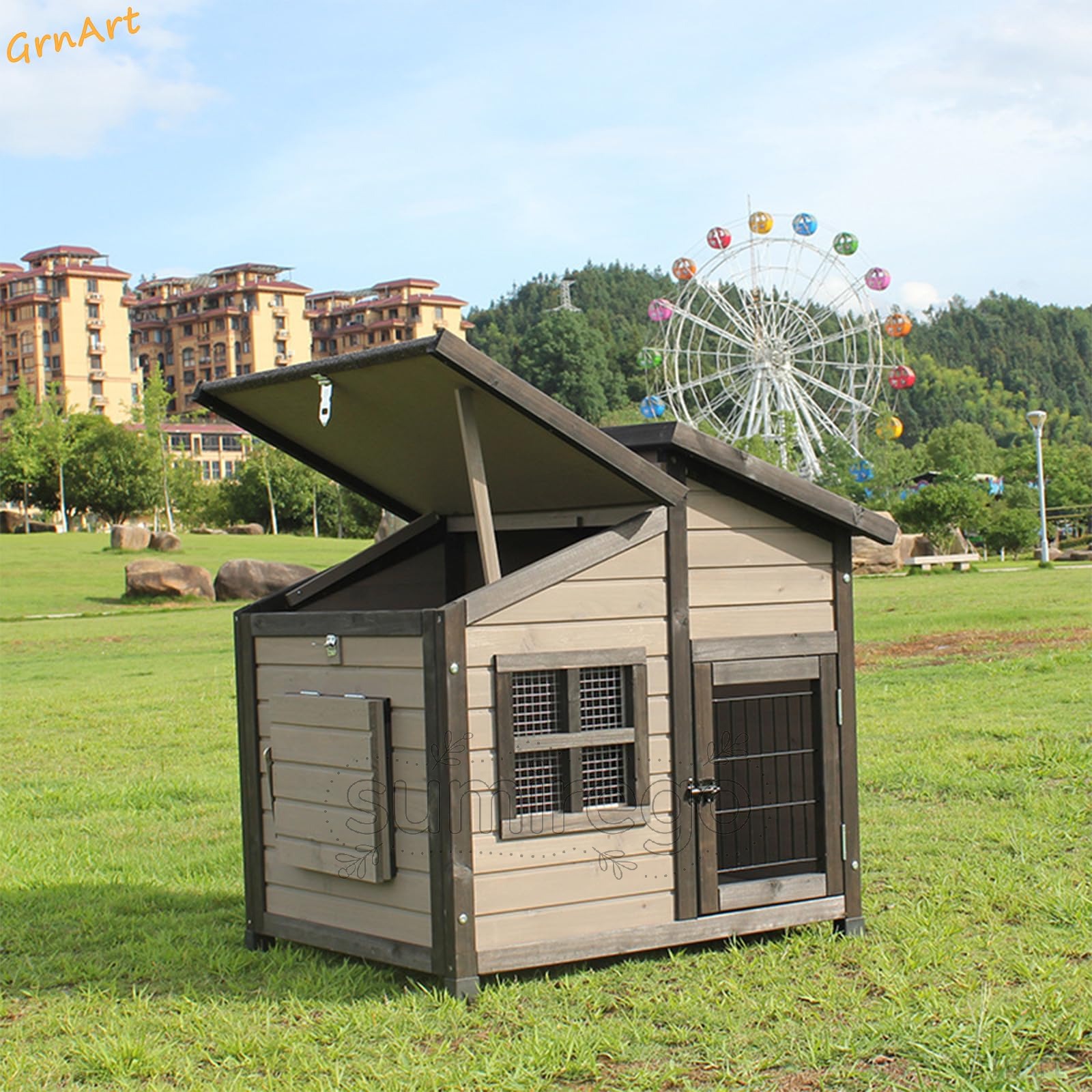 犬小屋 ドッグハウス 無垢材 犬舎 屋根とドア窓付き 通気性 日焼け対策 防風 防雨 安定性と耐久性 組立簡単 小型犬 中型犬 家庭 テラス 裏庭 室内 屋外
