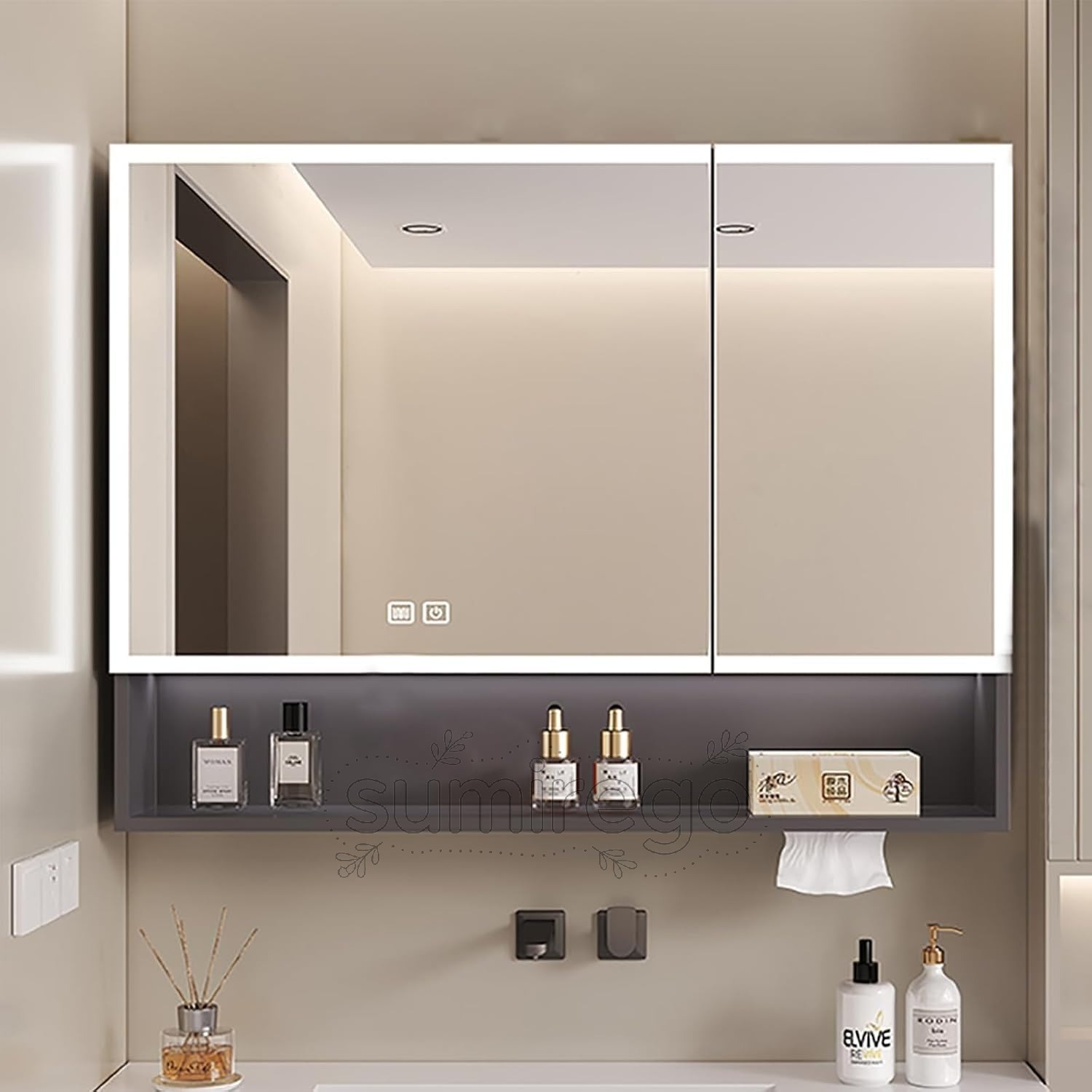 洗面所鏡タッチコントロール 洗面台 鏡の曇り止め キャビネット おしゃれ 浴室用化粧鏡 浴室お風呂 鏡スマート調光機能付き 洗面化粧台 ミラーキャビネット LED照明ミラーキャビネット洗面所(Gray,60*70*13cm)