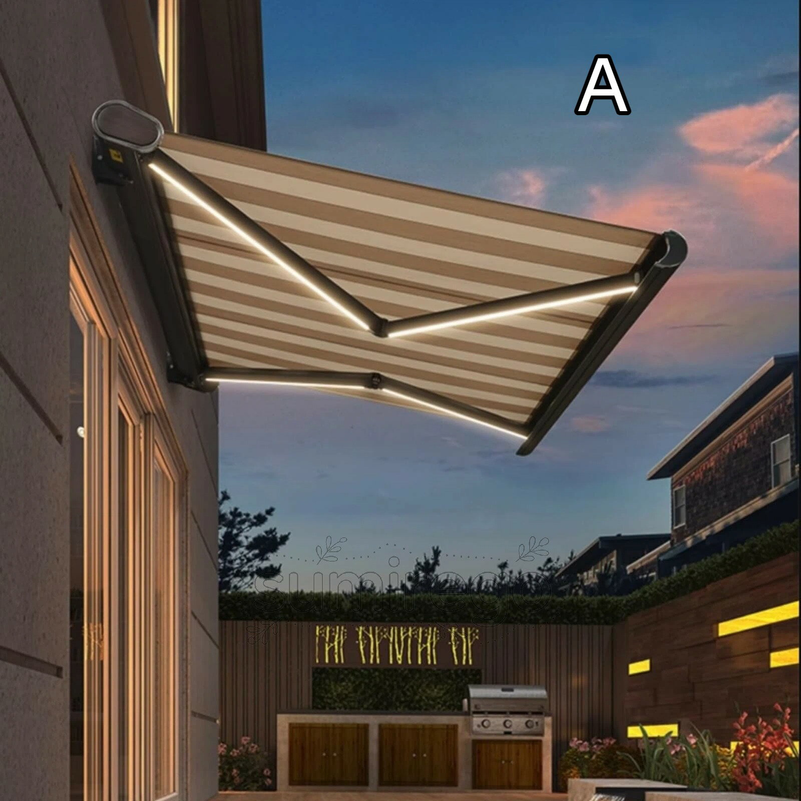 乐天商城 - 電動格納式パティオオーニング、LEDライト付き屋外キャノピー、電動サンシェードシェルター、モバイルアプリコントロール、窓ドアシェルターパーゴラ、フルカセットデザイン(C)