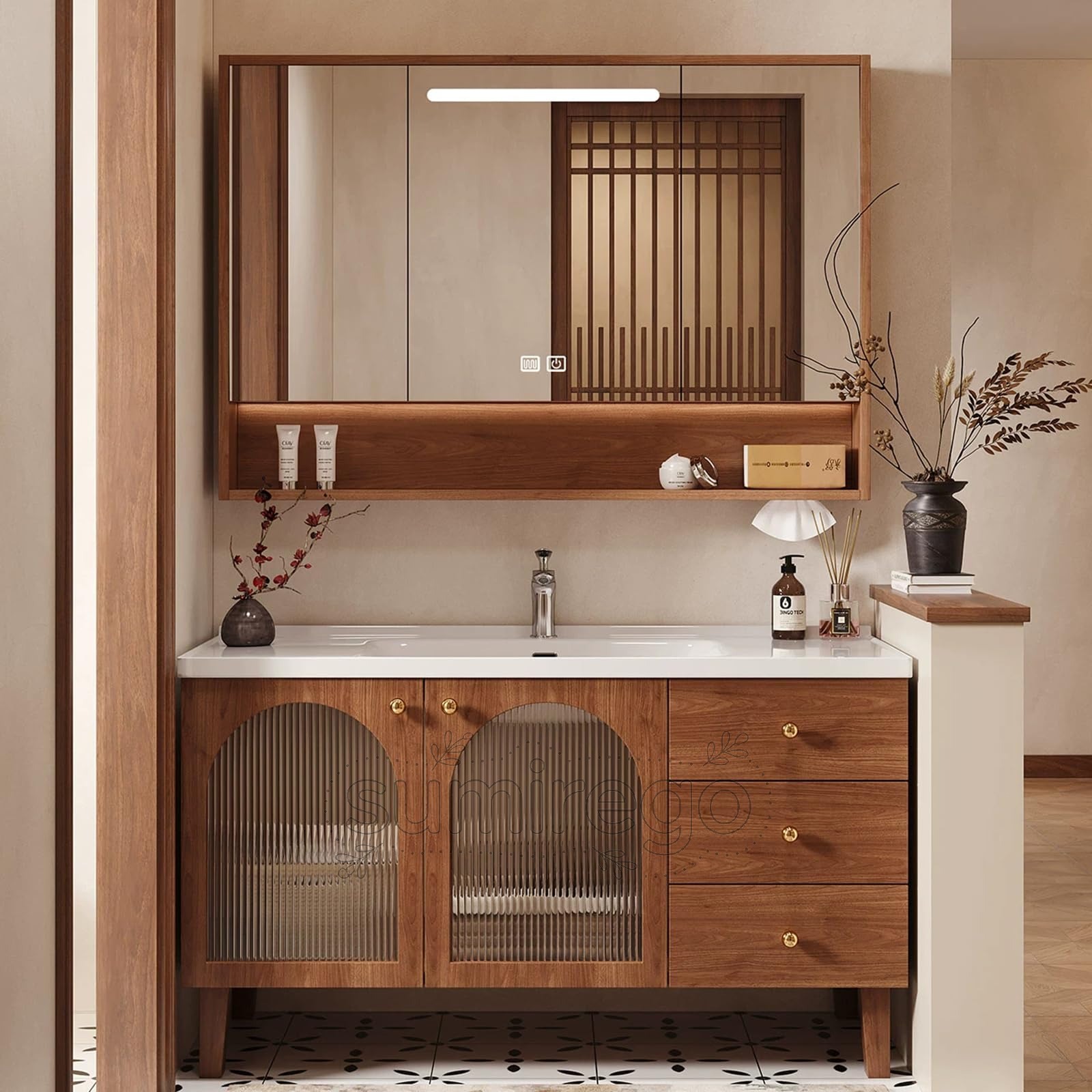 乐天商城 - 洗面台 フローティング バスルームバニティ 引き出し付き シンク付き洗面化粧台 洗面鏡 LED 照明 防曇 バスルーム キャビネット 洗面化粧台 シンク付き