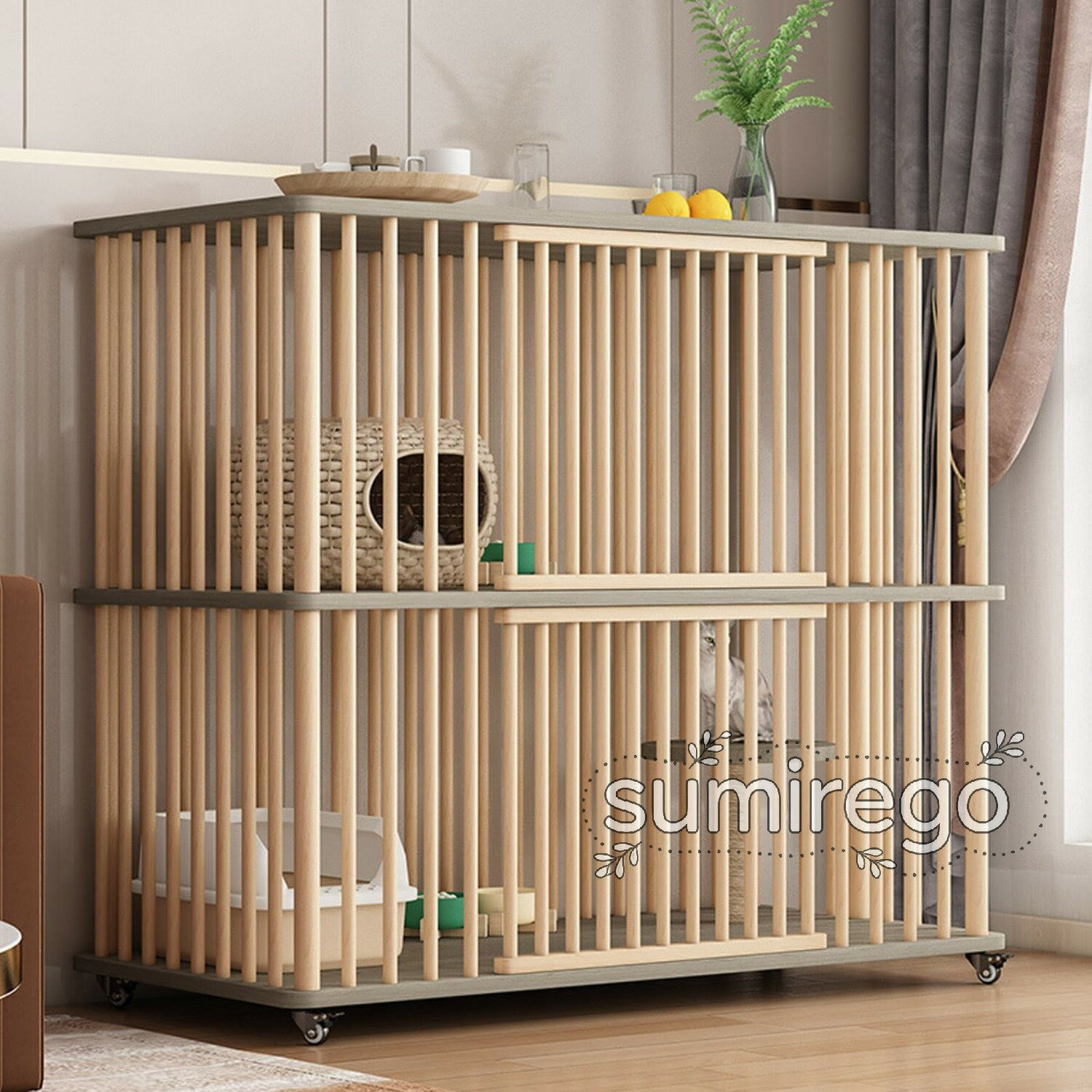 Rakuten - 猫ケージ キャットケージ 木製 大型 1段/2段 猫 ケージ キャスター付き 走防止 猫 サークル 多頭飼い ケージ 組立簡単 猫用 ゲージ 無垢材 猫のゲージ おしゃれ 持ち運び ゲージ 猫 ポータブルケージ 室内用掃除しやすい