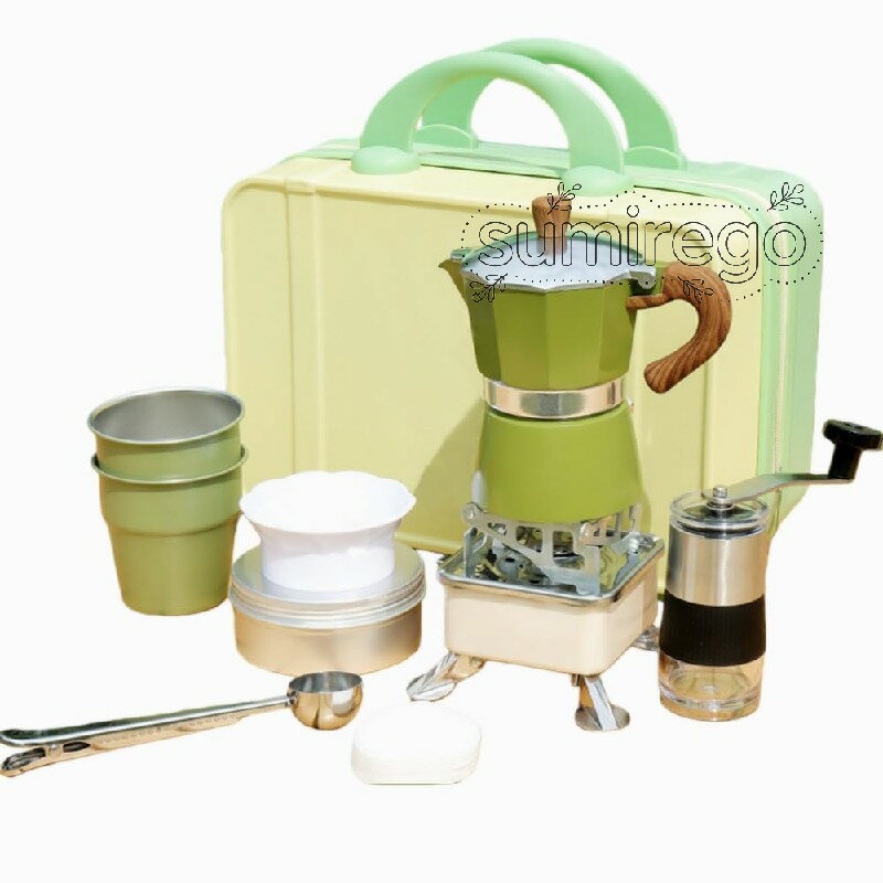 アウトドアキャンプコーヒーセット、モカポットセット、手淹れコーヒーポット旅行用品、9点セット、コ..