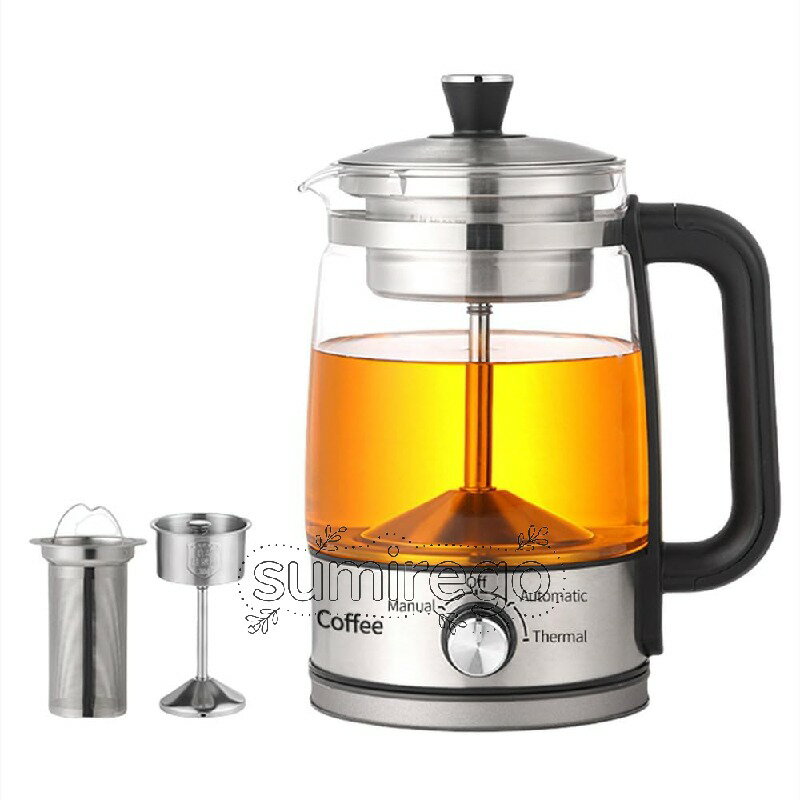 全自動家庭用ティーメーカー ティーポット ガラス電気ケトル コーヒーポット スチームスプレーブリューアール調節可能 ステンレスフィルター搭載 空焚き防止機能 家庭用お茶を淹れるのに最適 (4ポジションノブ 【保温機能付き】)