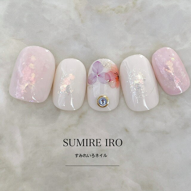 楽天すみれいろネイルネイルチップ つけ爪 かわいい デザイン ブライダル ショート ロング シンプル 成人式 nail プレゼント 母 短い爪 小さい爪 大きい爪 ベリーショート ちび爪 結婚式 ウェディング 付け爪　ジェルネイル●ピンクマーブル水彩フラワーシェルホロネイル