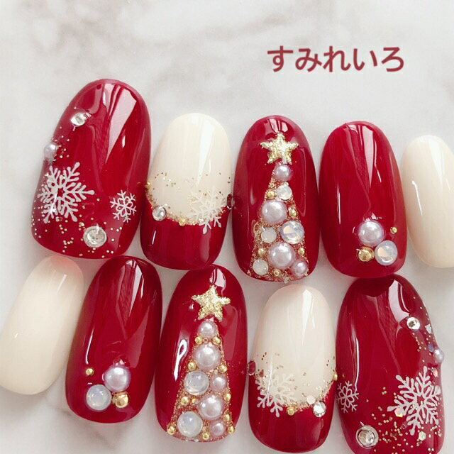 ネイルチップ クリスマス デザイン つけ爪 ベージュ かわいい ショート ロング シンプル プレゼン 母 nail 冬 短い爪 小さい爪 大きい爪 ベリーショート ちび爪 付け爪　ジェルネイル　ラウンド●ボルドー レッド アイボリー 赤 雪 スノー 雪の結晶 クリスマスツリー 60