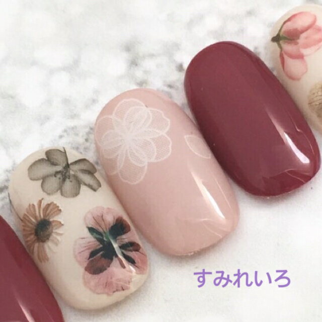 ネイルチップ デザイン つけ爪 ベージュ かわいい ショート ロング シンプル プレゼン 母 nail 秋　冬 短い爪 小さい爪 大きい爪 ベリーショート ちび爪 付け爪　ジェルネイル　ラウンド●オールドカシスローズ×スモーキーピンク　アンティークフラワー