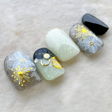 ネイルチップ つけ爪 かわいい デザイン 和装 ショート ロング シンプル 成人式 nail プレゼント 母 短い爪 小さい爪 大きい爪 ベリーショート ちび爪 結婚式 ウェディング 付け爪 ジェルネイル●グリーンブラックフラワー和装
