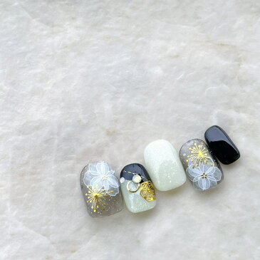 ネイルチップ つけ爪 かわいい デザイン 和装 ショート ロング シンプル 成人式 nail プレゼント 母 短い爪 小さい爪 大きい爪 ベリーショート ちび爪 結婚式 ウェディング 付け爪 ジェルネイル●グリーンブラックフラワー和装