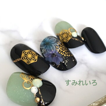 ネイルチップ つけ爪 かわいい デザイン 和装 ショート ロング シンプル 成人式 nail プレゼント 母 短い爪 小さい爪 大きい爪 ベリーショート ちび爪 結婚式 ウェディング 付け爪 ジェルネイル●グリーンブラックフラワー和装2