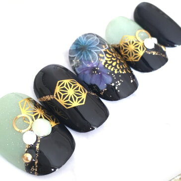 ネイルチップ つけ爪 かわいい デザイン 和装 ショート ロング シンプル 成人式 nail プレゼント 母 短い爪 小さい爪 大きい爪 ベリーショート ちび爪 結婚式 ウェディング 付け爪 ジェルネイル●グリーンブラックフラワー和装2