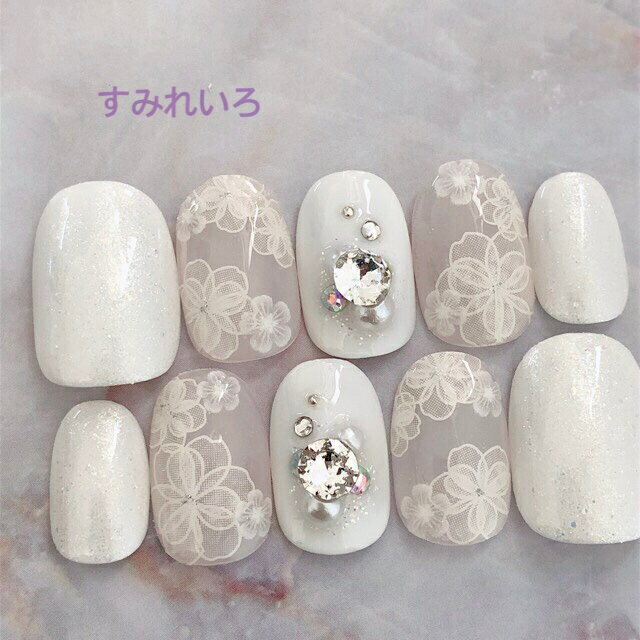 楽天すみれいろネイルネイルチップ ブライダル　つけ爪 かわいい ショート ロング 成人式 nail プレゼント 母 短い爪 小さい爪 大きい爪 ベリーショート ちび爪 結婚式 ウェディング 付け爪　ジェルネイル●ホワイトフラワーチャトンストーン