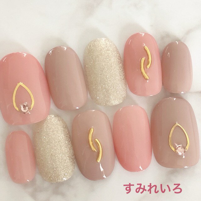 楽天すみれいろネイルネイルチップ つけ爪 デザイン かわいい ショート ロング ブライダル 春ネイル nail プレゼント 短い爪 小さい爪 大きい爪 ベリーショート ちび爪 ボタニカル くすみネイル 付け爪　押し花　ジェルネイル【1632】くすみピンクゴールドジュエル　b/f