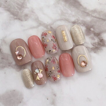 ネイルチップ つけ爪 デザイン かわいい ショート ロング ブライダル 春ネイル nail プレゼント 短い爪 小さい爪 大きい爪 ベリーショート ちび爪 くすみネイル 付け爪 押し花 ジェルネイル【1635】くすみベージュボタニカル小花フラワーシルキーグレーピンク b/f