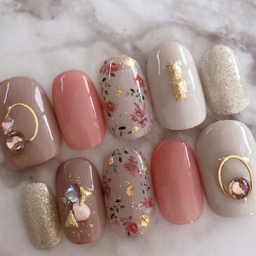 ネイルチップ つけ爪 デザイン かわいい ショート ロング ブライダル 春ネイル nail プレゼント 短い爪 小さい爪 大きい爪 ベリーショート ちび爪 くすみネイル 付け爪 押し花 ジェルネイル【1635】くすみベージュボタニカル小花フラワーシルキーグレーピンク b/f