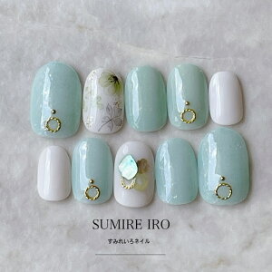 ネイルチップ つけ爪 デザイン かわいい ショート ロング ブライダル 秋ネイル nail プレゼント 短い爪 小さい爪 大きい爪 ベリーショート ちび爪 大人ネイル 付け爪　ニュアンスネイル　【1653】オーロラミントカラフルシェルジュエル b/ap